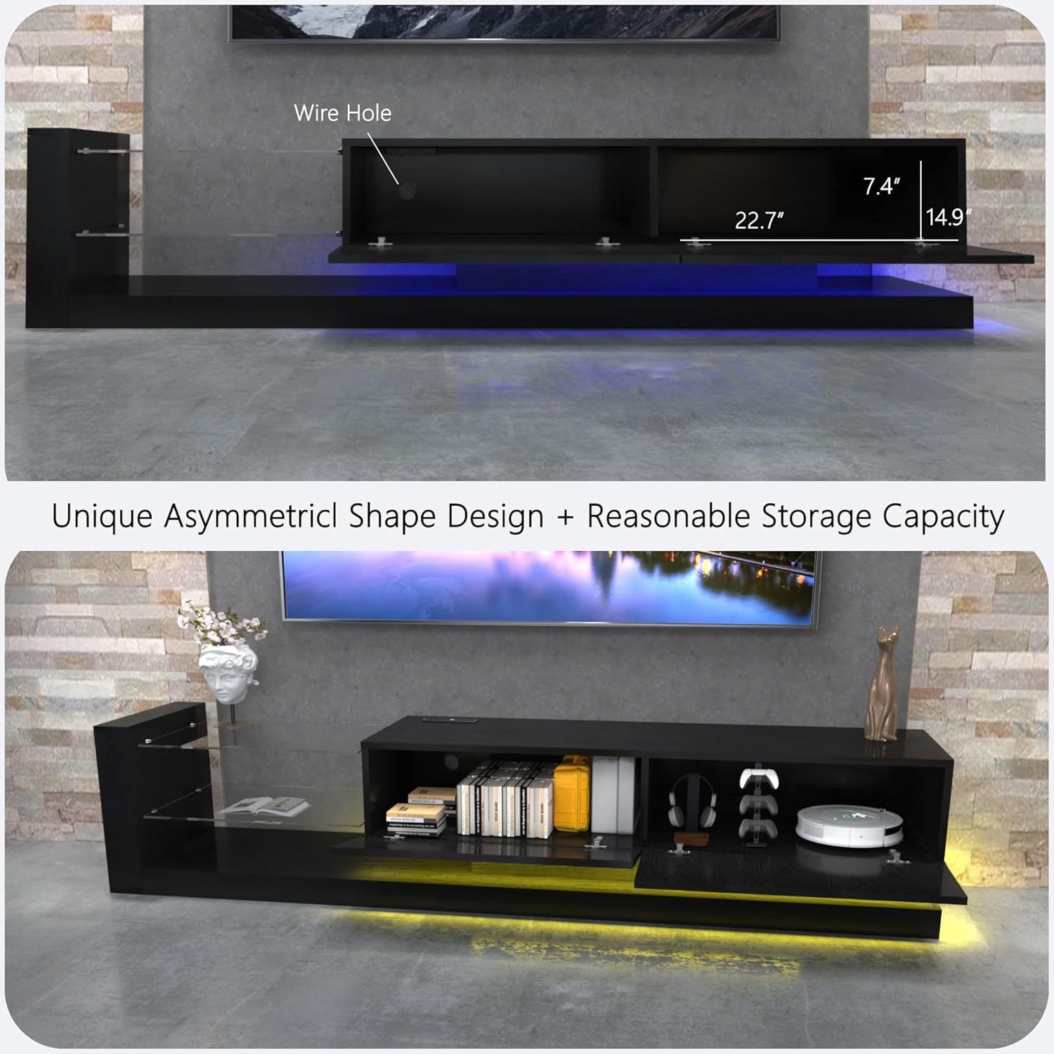TV Stand LED Black Particle Board Tempered Glass Shelves Fits 75 In TV