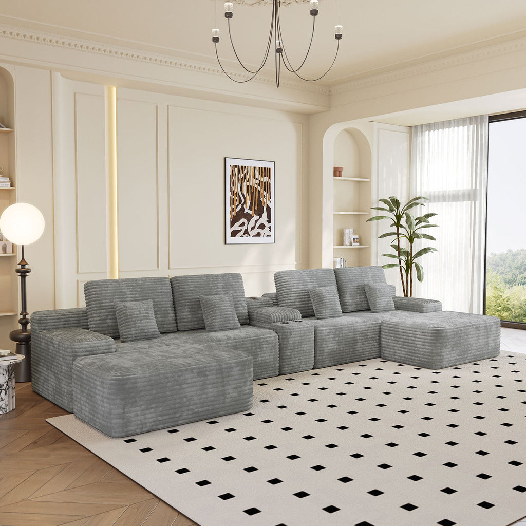 Sectional Sofa U-Shape Corduroy Light Gray 6 Seat USB Bluetooth 150 In