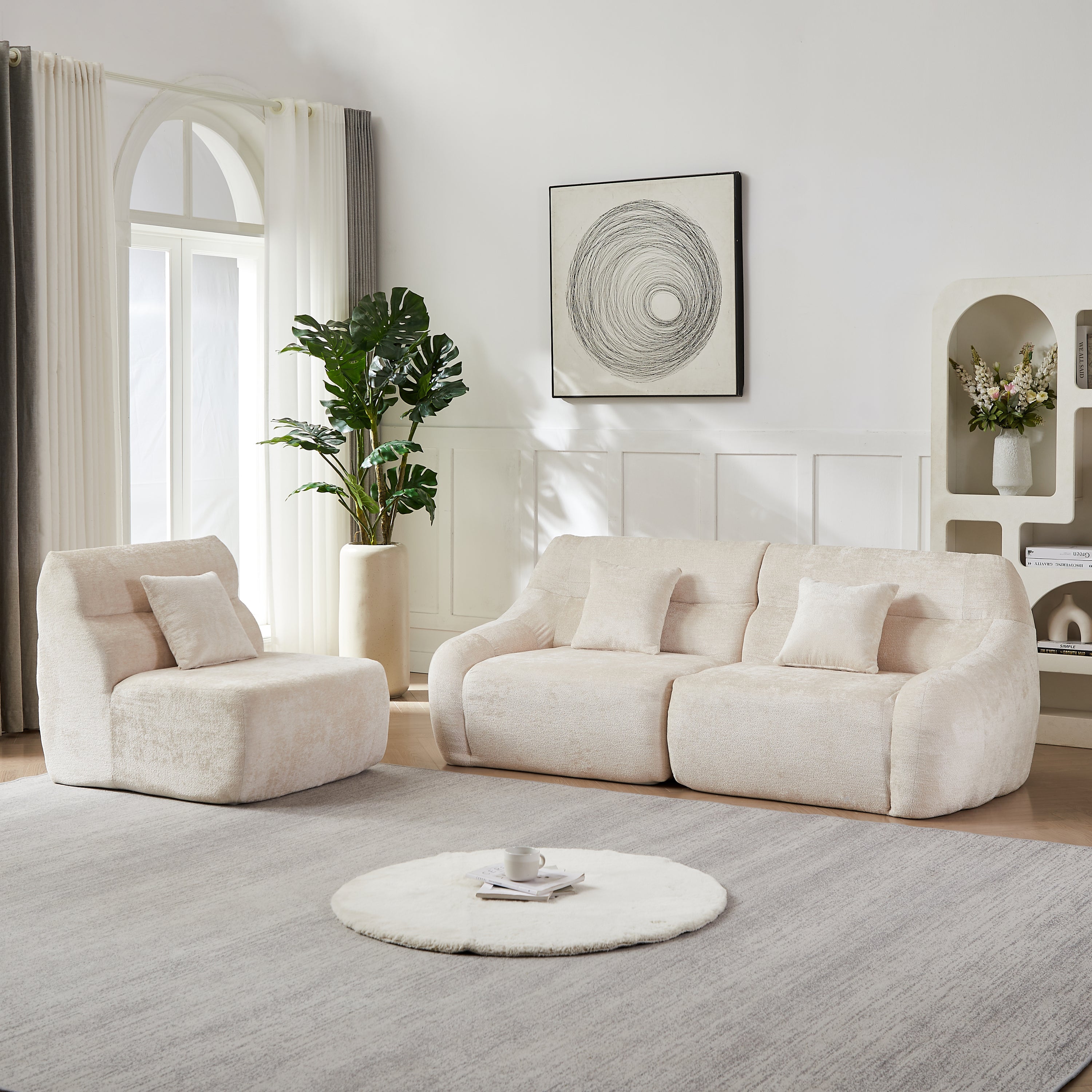 Sectional Sofa Curved Beige Chenille 123.2 Inch Four Pillows No Assembly