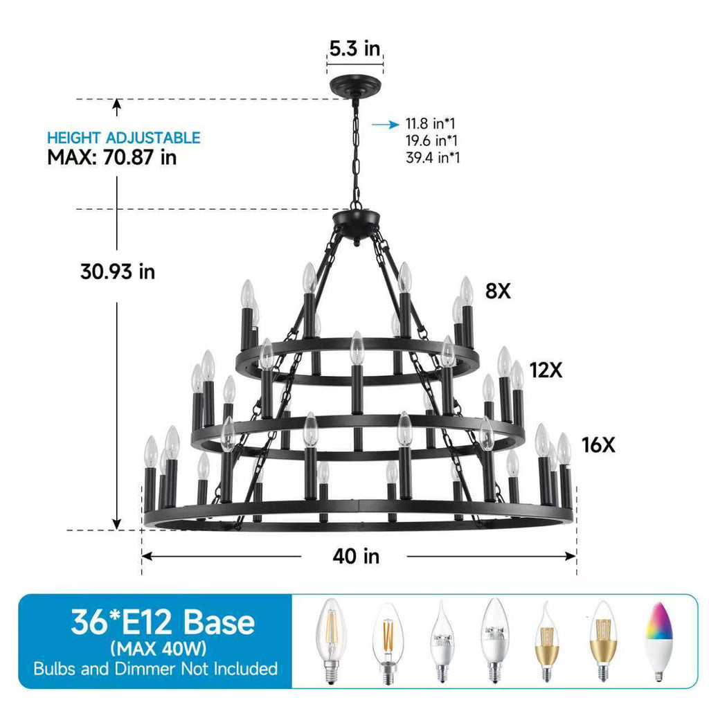 Chandelier Wagon Wheel 3-Tier 36-Light Black Metal 39.37 In Industrial