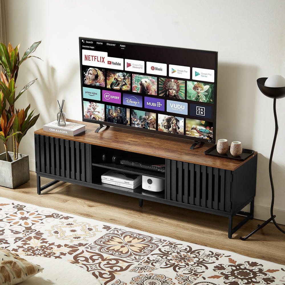 TV Stand Mid-Century Black MDF Slatted Grille Doors 4-Shelf Fits 60 In TV
