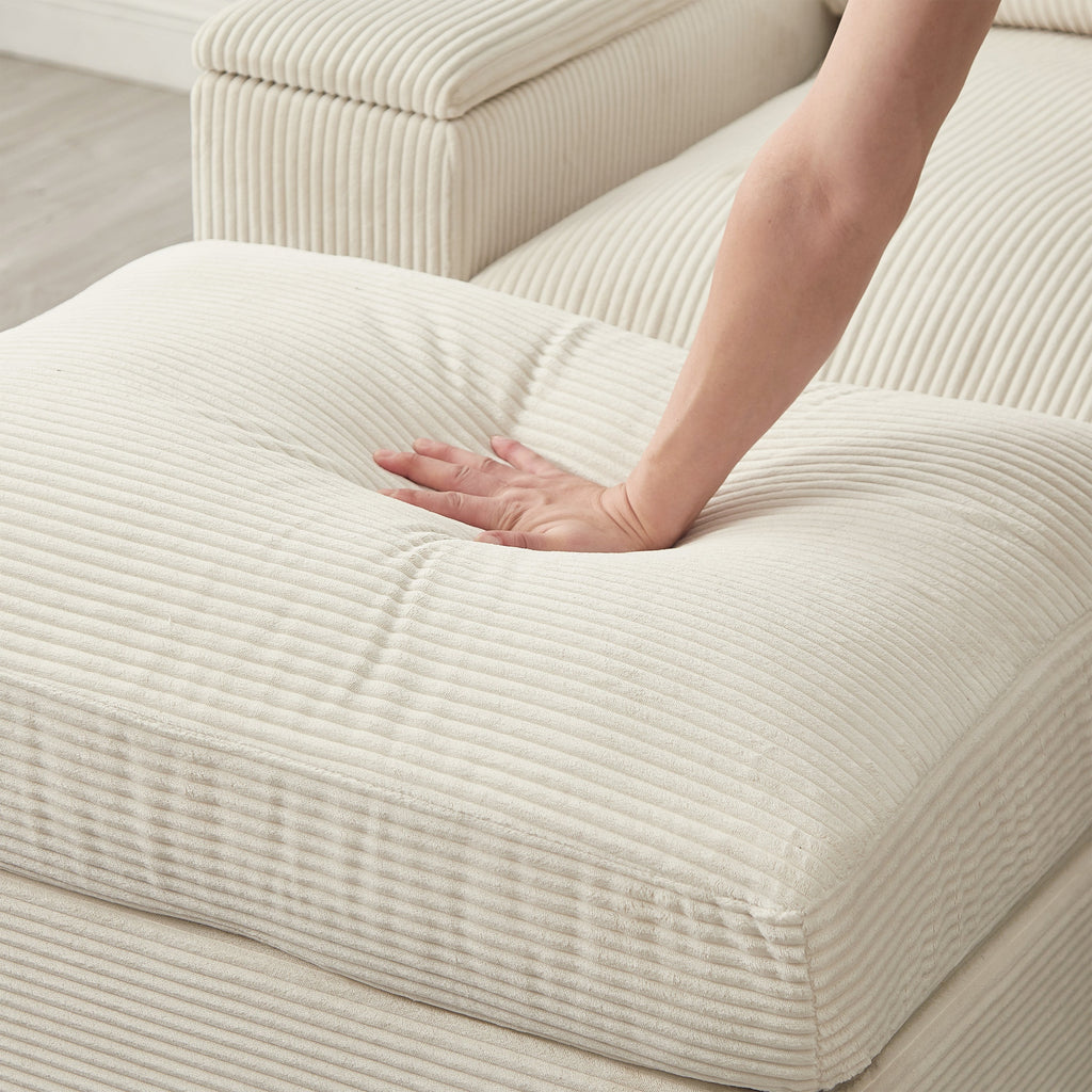 Sectional Sofa L-Shaped Modern Corduroy Beige 122-inch Sleeper with Ottomans