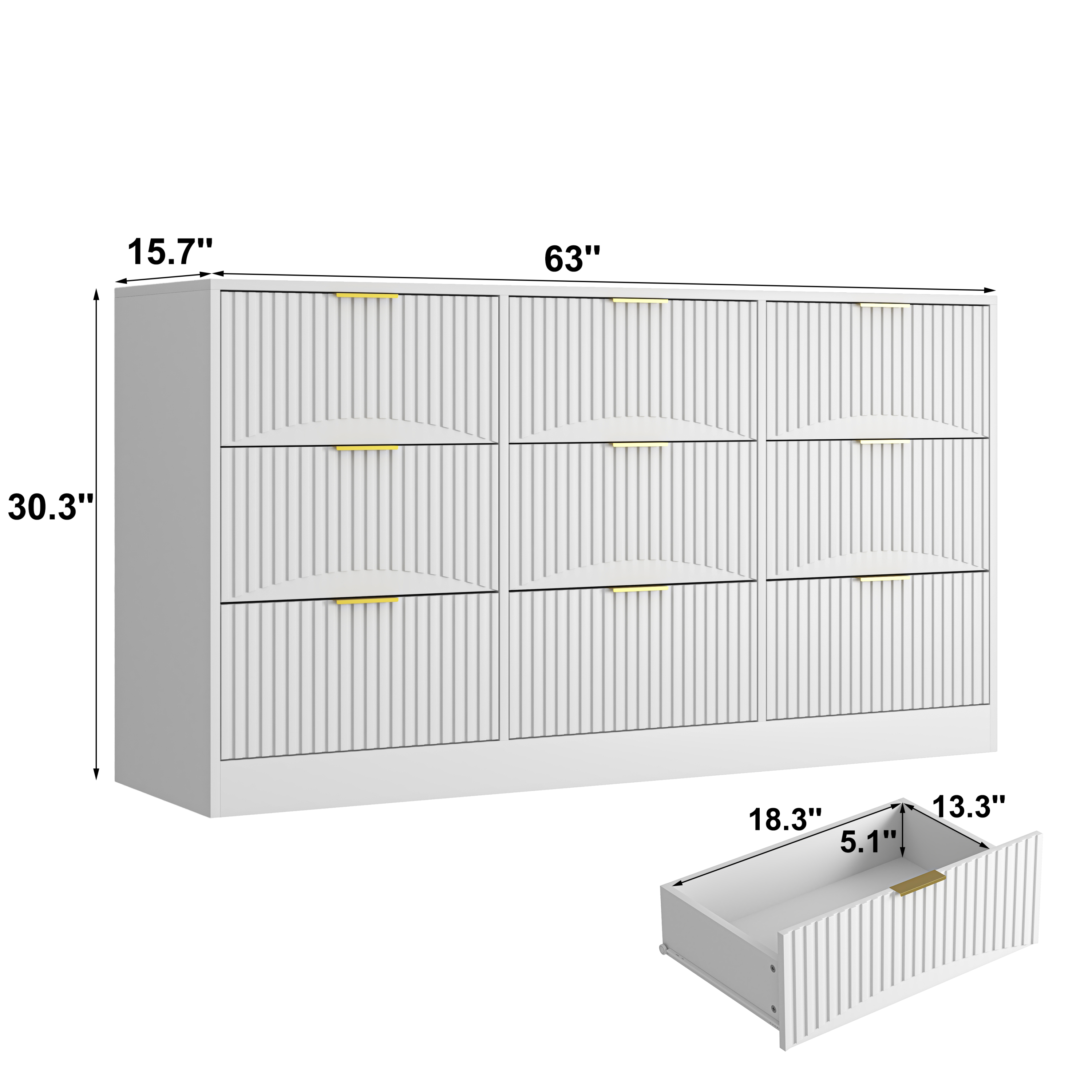 Dresser Classic 9-Drawer White Particle Board Gold Handles 63x15.74 In