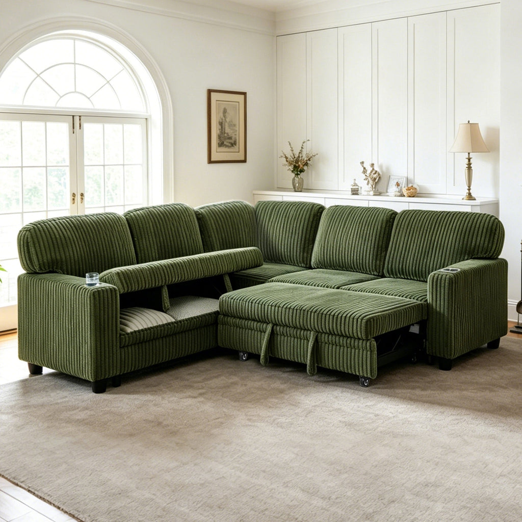Sofa Bed L-Shape Corduroy Olive Green 5 Seat Pull-Out USB Ports 81 In