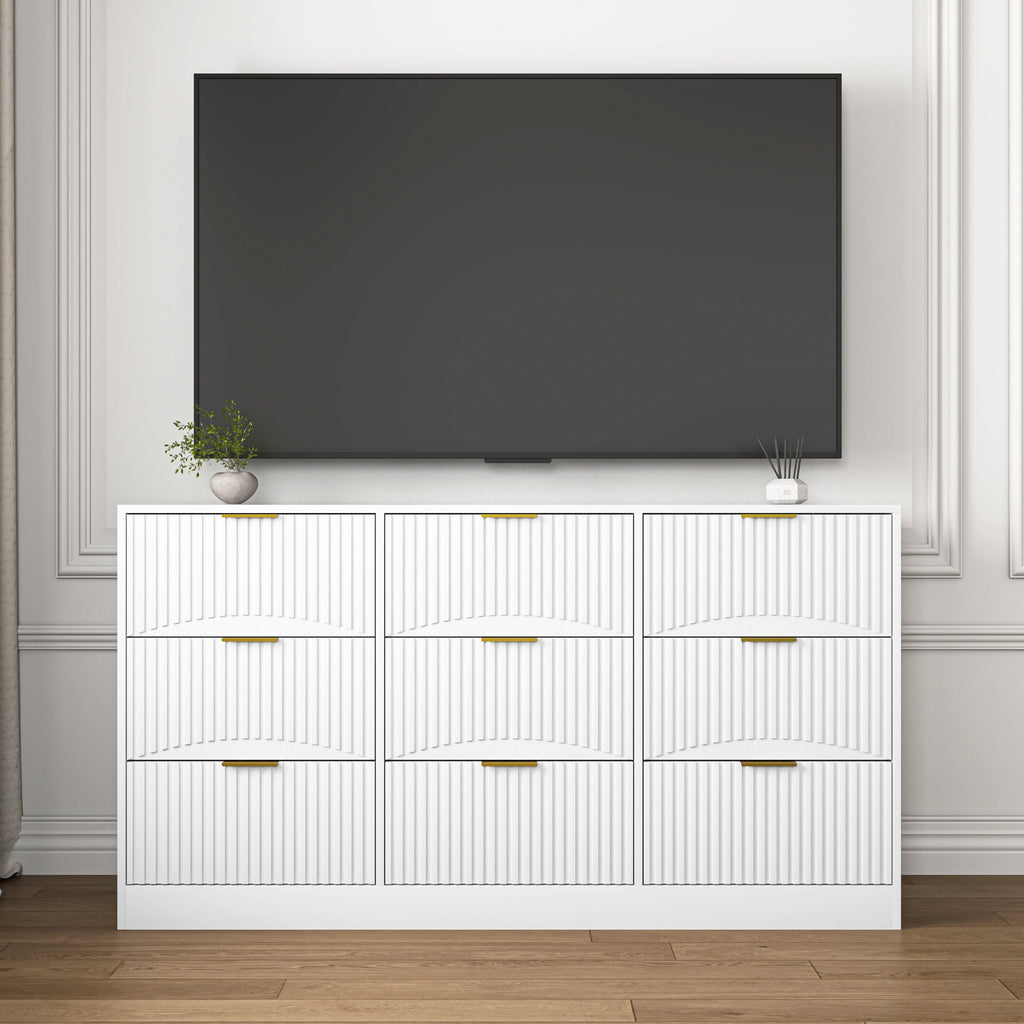 Dresser Classic 9-Drawer White Particle Board Gold Handles 63x15.74 In