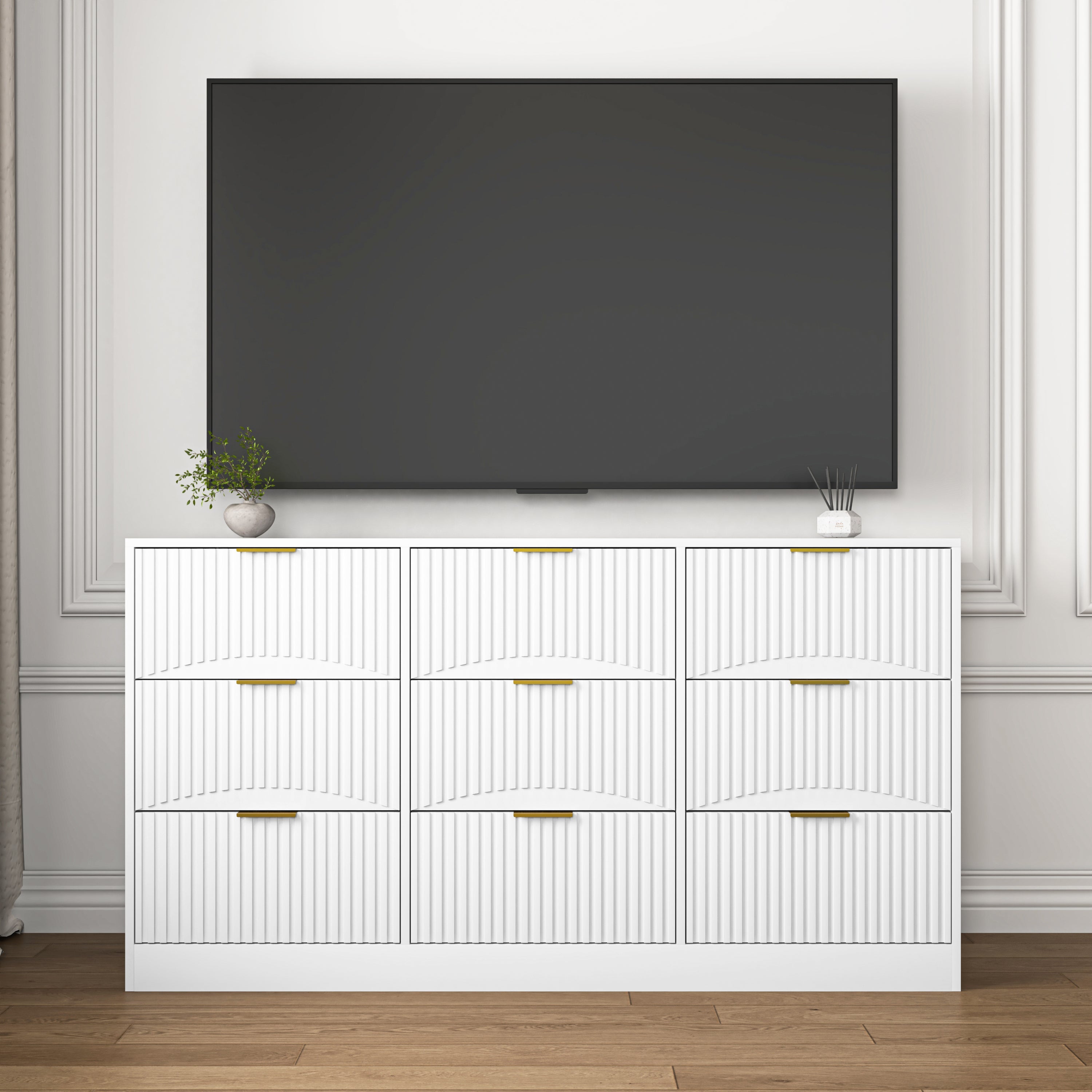 Dresser Classic 9-Drawer White Particle Board Gold Handles 63x15.74 In