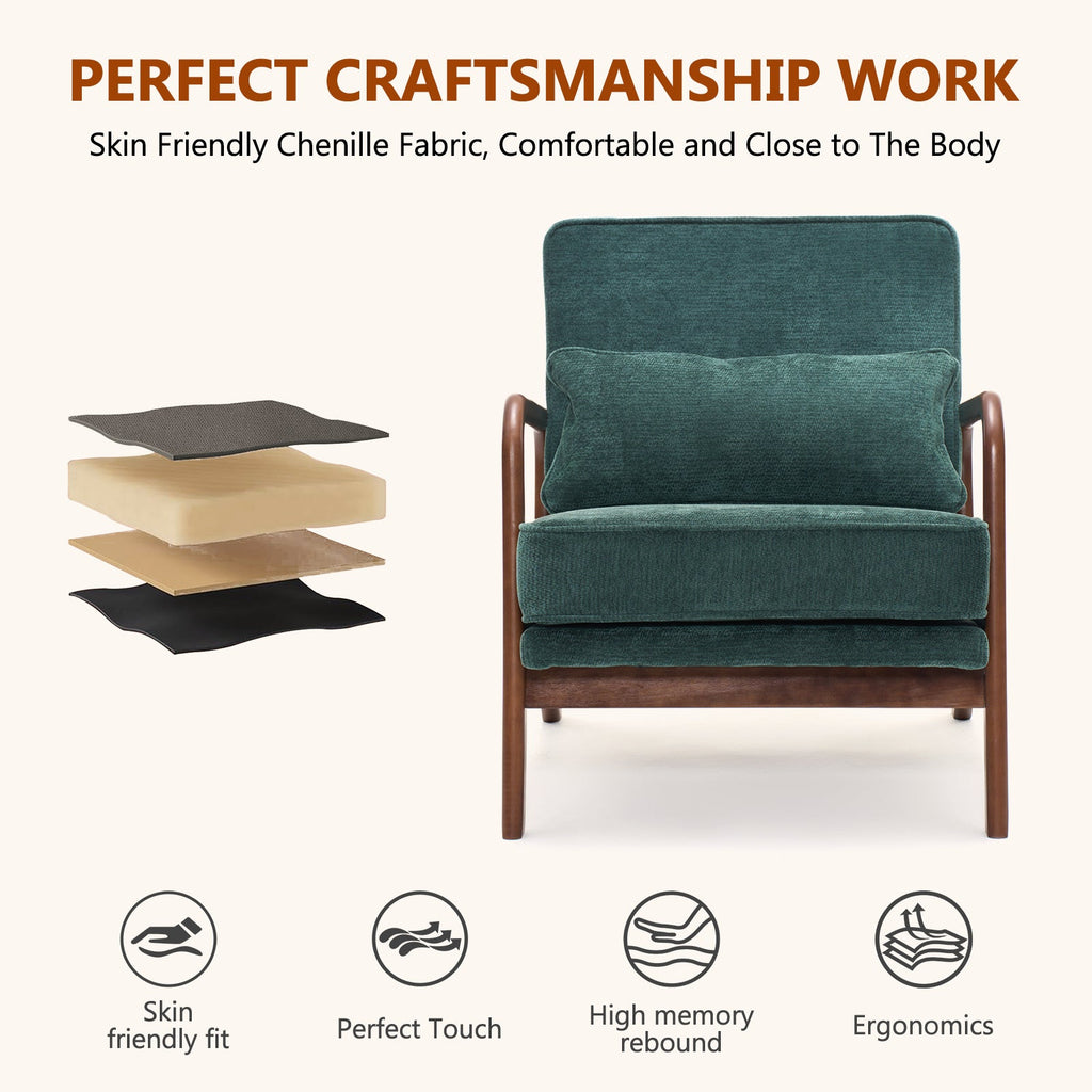 Lounge Chair Mid-Century Modern Dark Green Upholstered Lumbar Cushion