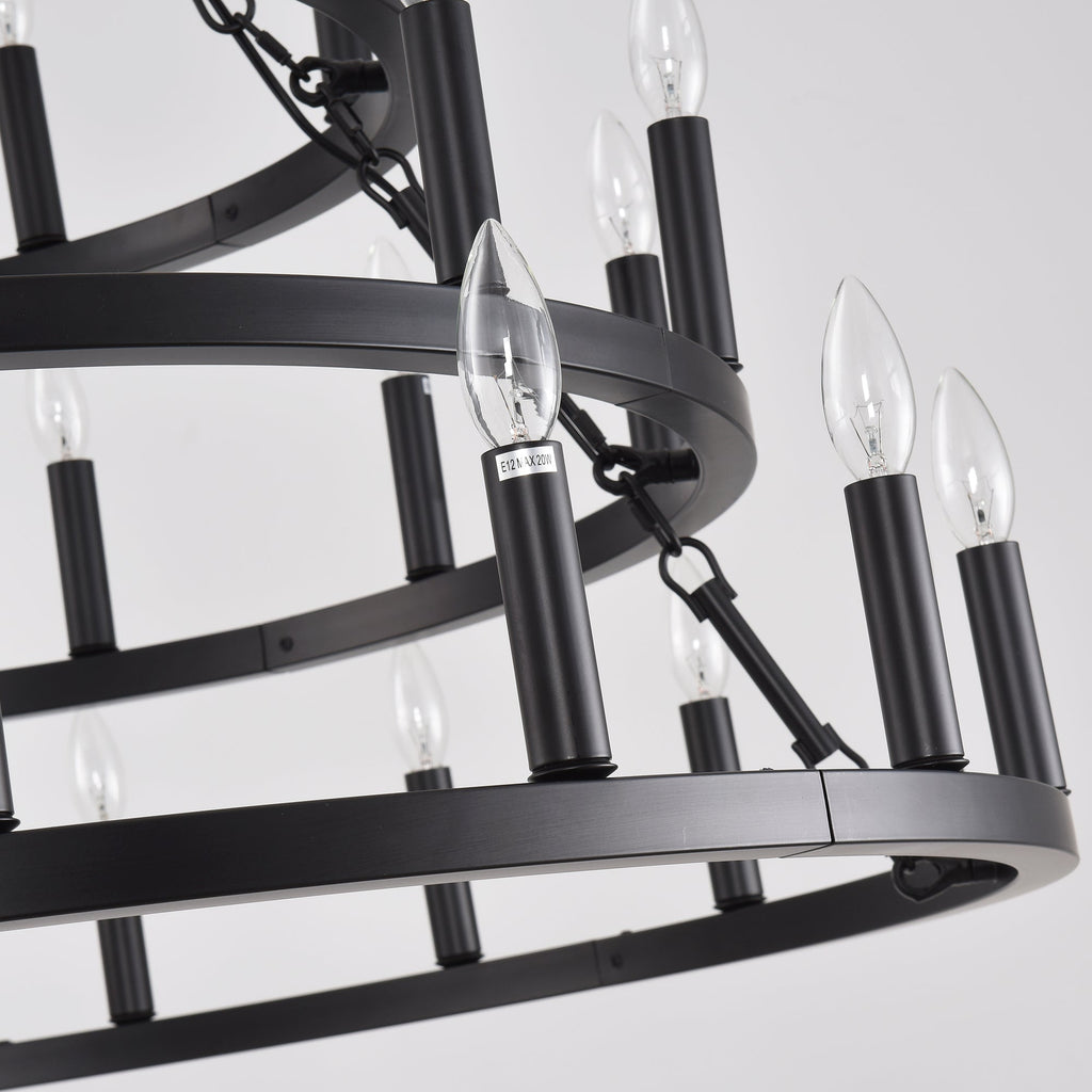 Chandelier Wagon Wheel 3-Tier 36-Light Black Metal 39.37 In Industrial