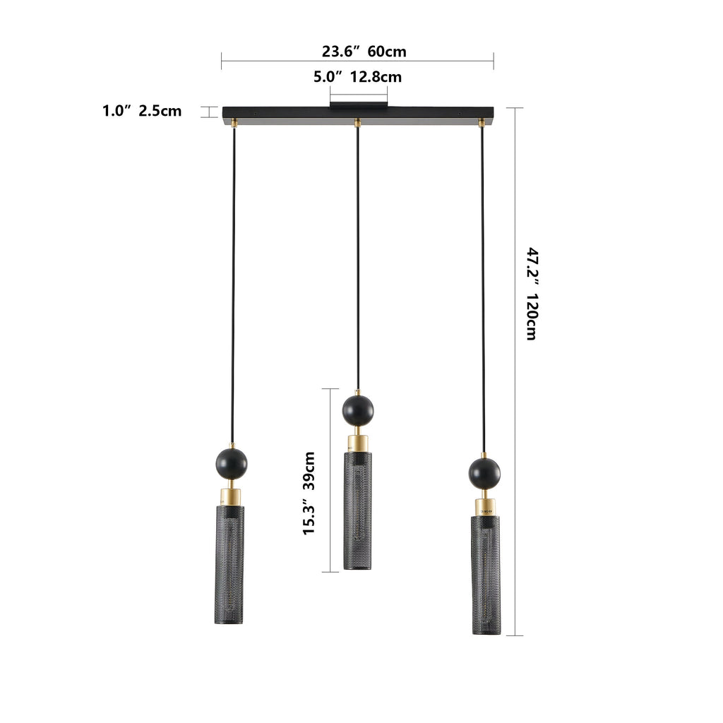 Chandelier 3-Light Black Gold Pendant Cylindrical Mesh Shades 25 In