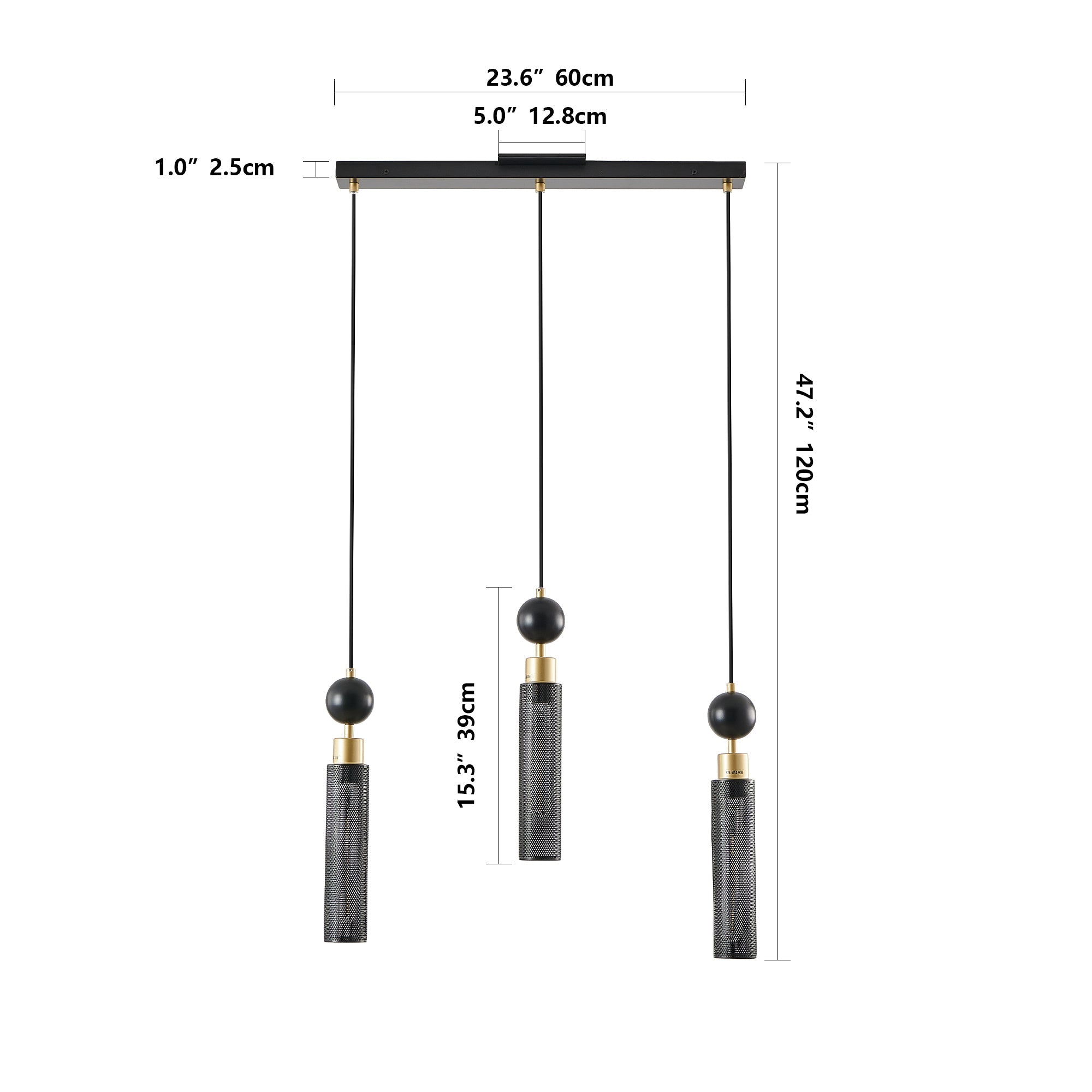 Chandelier 3-Light Black Gold Pendant Cylindrical Mesh Shades 25 In