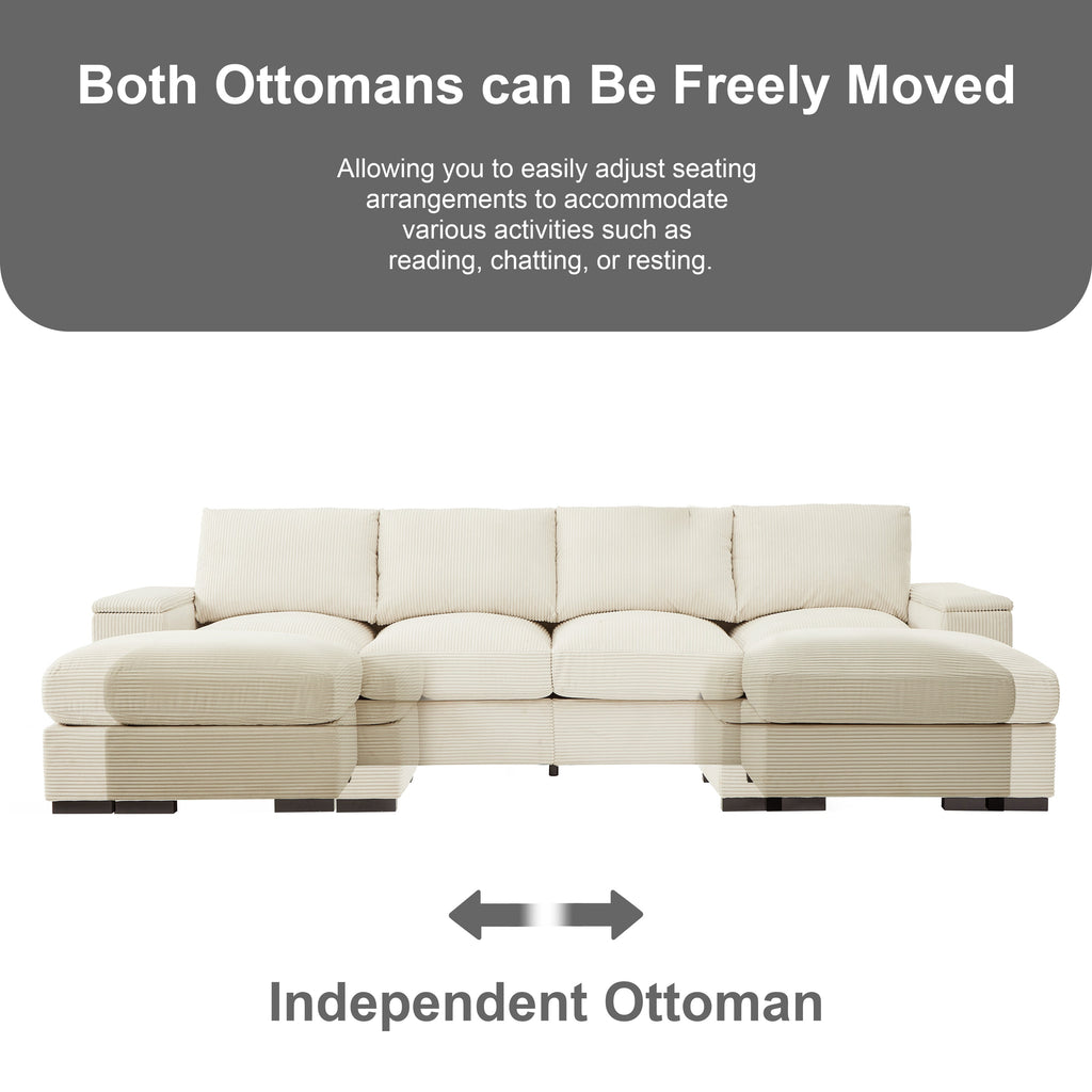 Sectional Sofa L-Shaped Modern Corduroy Beige 122-inch Sleeper with Ottomans