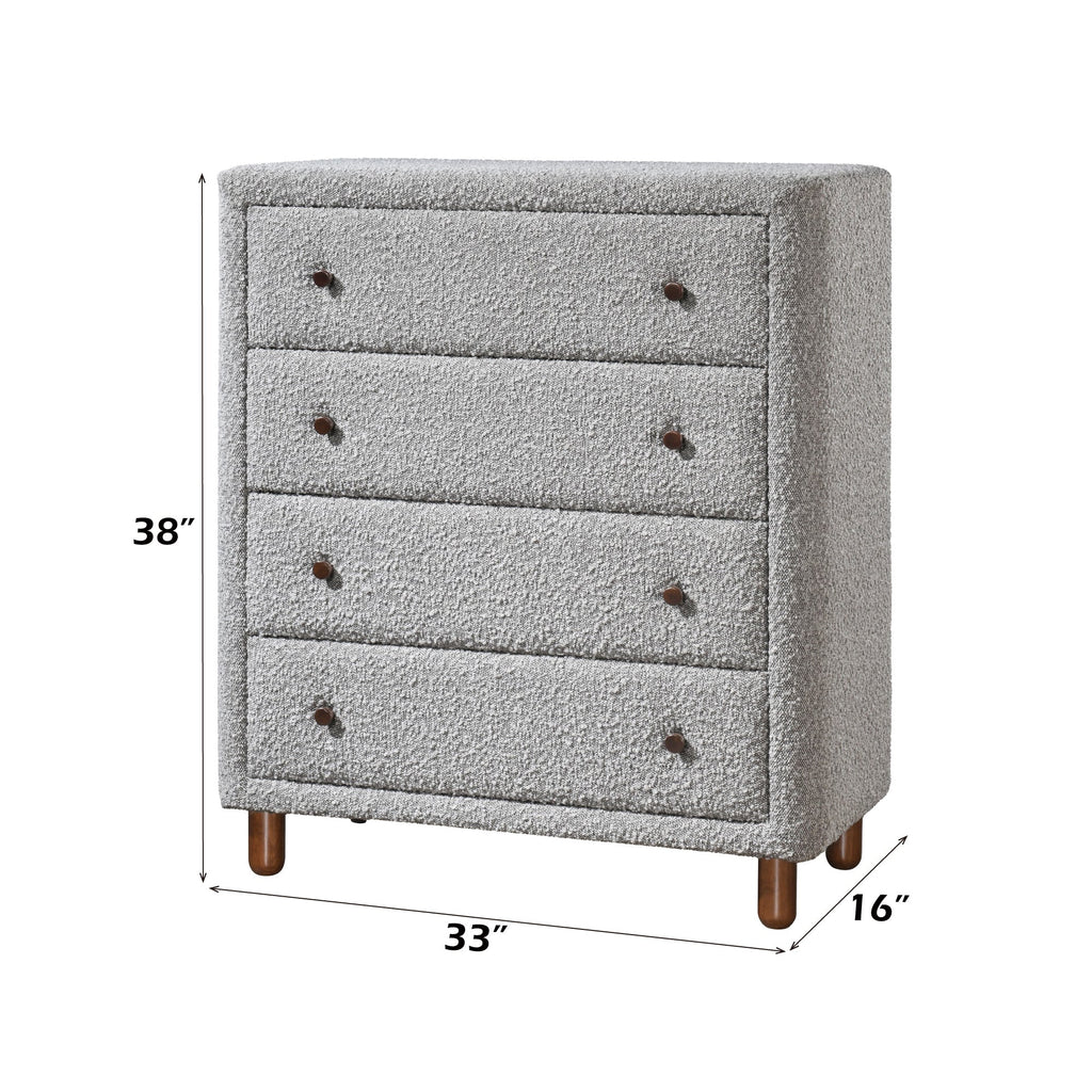 Chest of Drawers Gray Boucle Fabric 4-Drawer Rubber Wood MDF 33x38 In