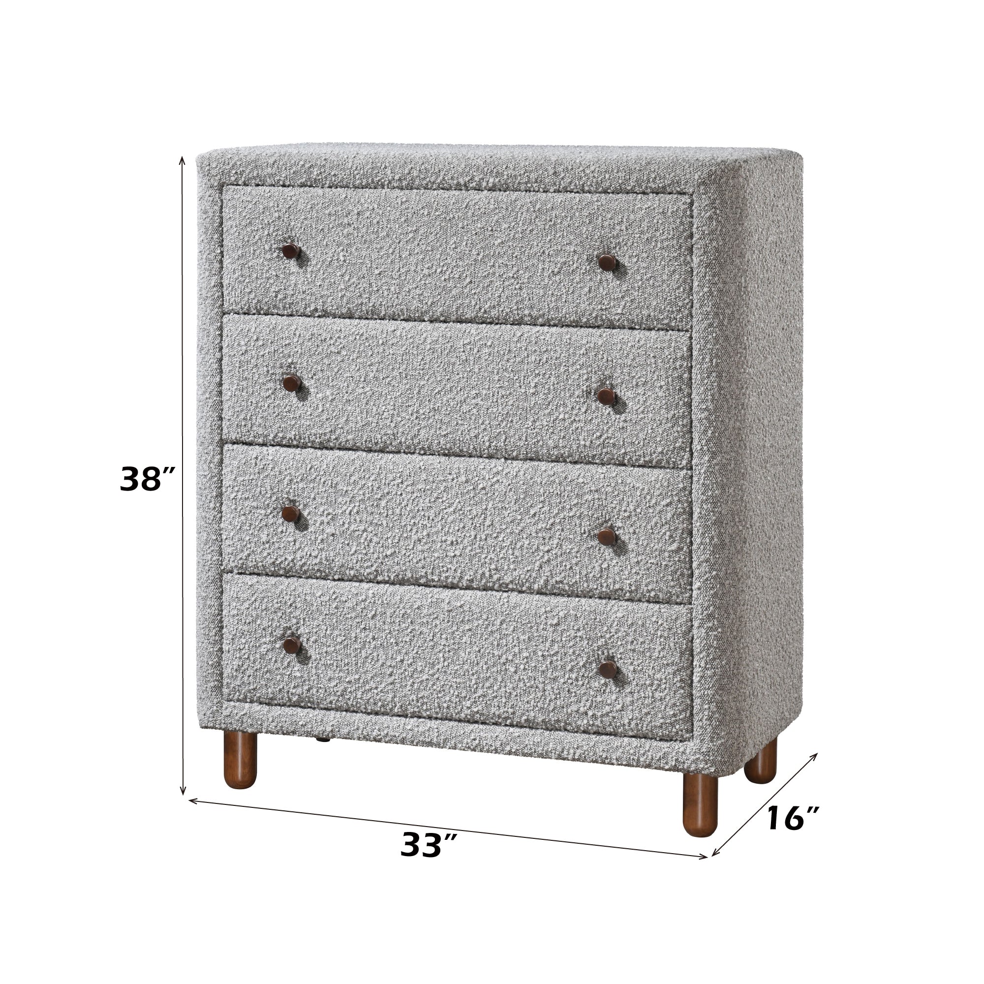 Chest of Drawers Gray Boucle Fabric 4-Drawer Rubber Wood MDF 33x38 In