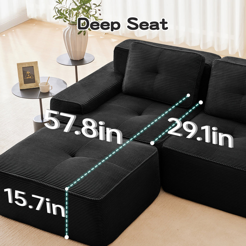Sectional Sofa Modular Corduroy Black 3 Seater Tufted