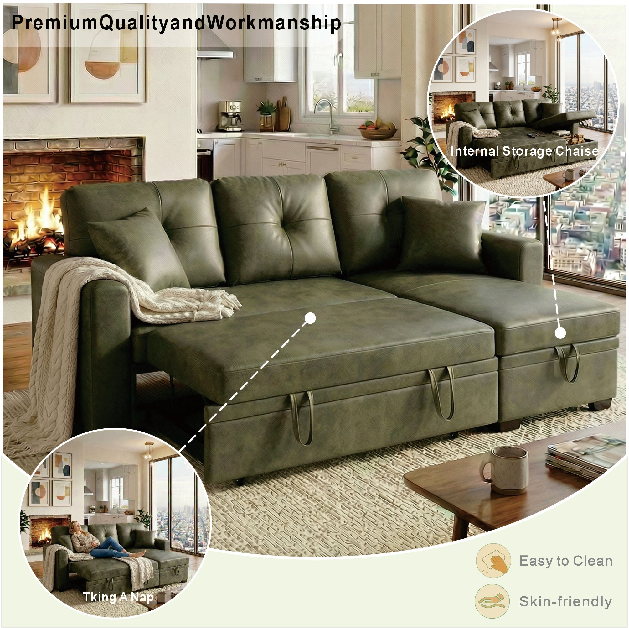 Sectional Sofa l Shaped Olive Green Fabric Sleeper with Small Space Solution