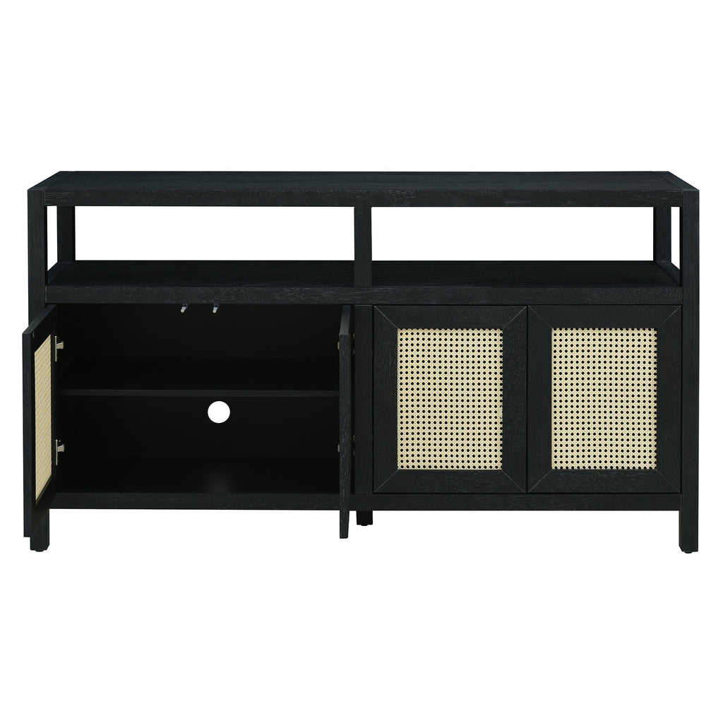 TREXM Bohemian Style Rattan Buffet Storage Cabinet with Solid Wood Frame