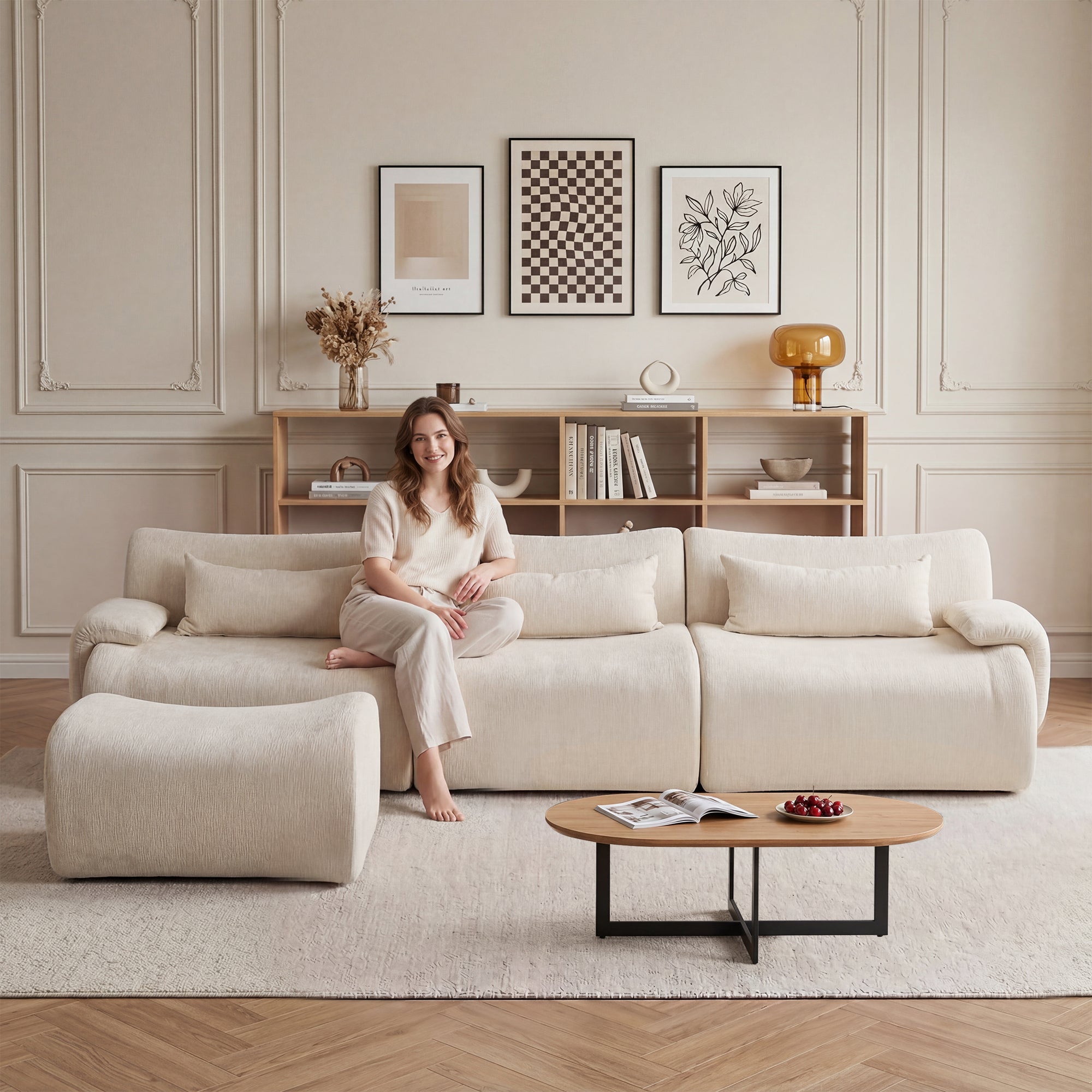 Sofa Curved White 3 Seater with Anti Slip No Assembly Chaise