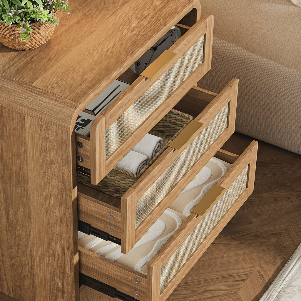 Rattan Nightstand with 3 Drawers, 22.8 in Wide, Curved Wood, Caramel Oak
