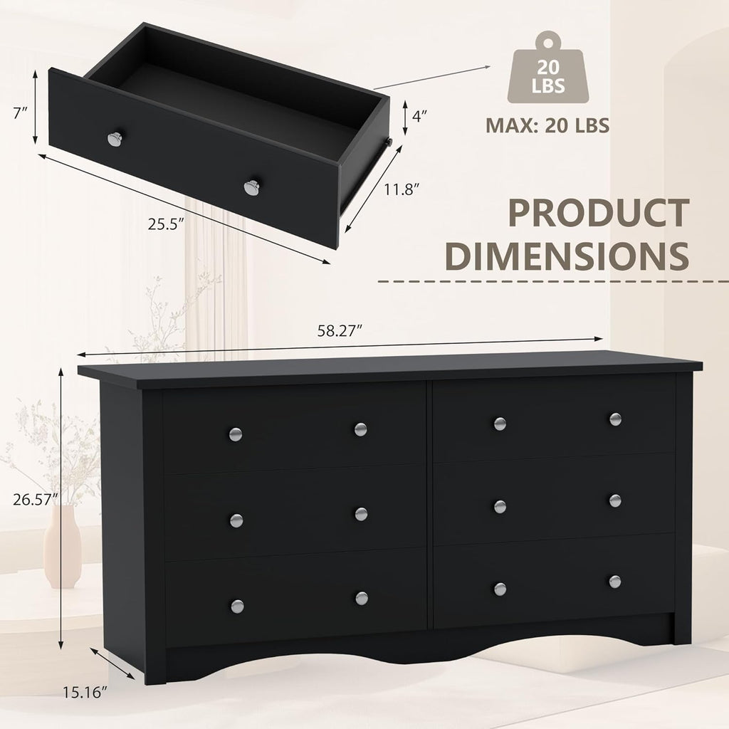 Black Dresser With Six Deep Drawers For TV Storage