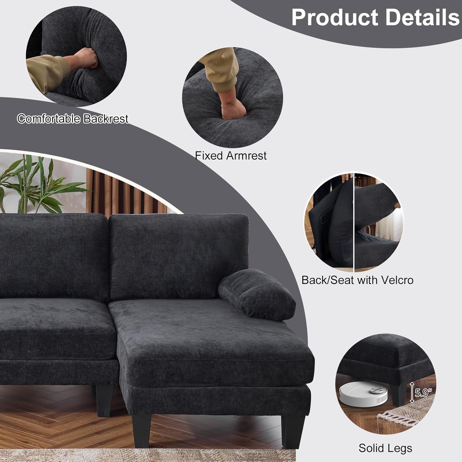 U Shape Sectional Sofa 111 Inch Black Living Room Setup