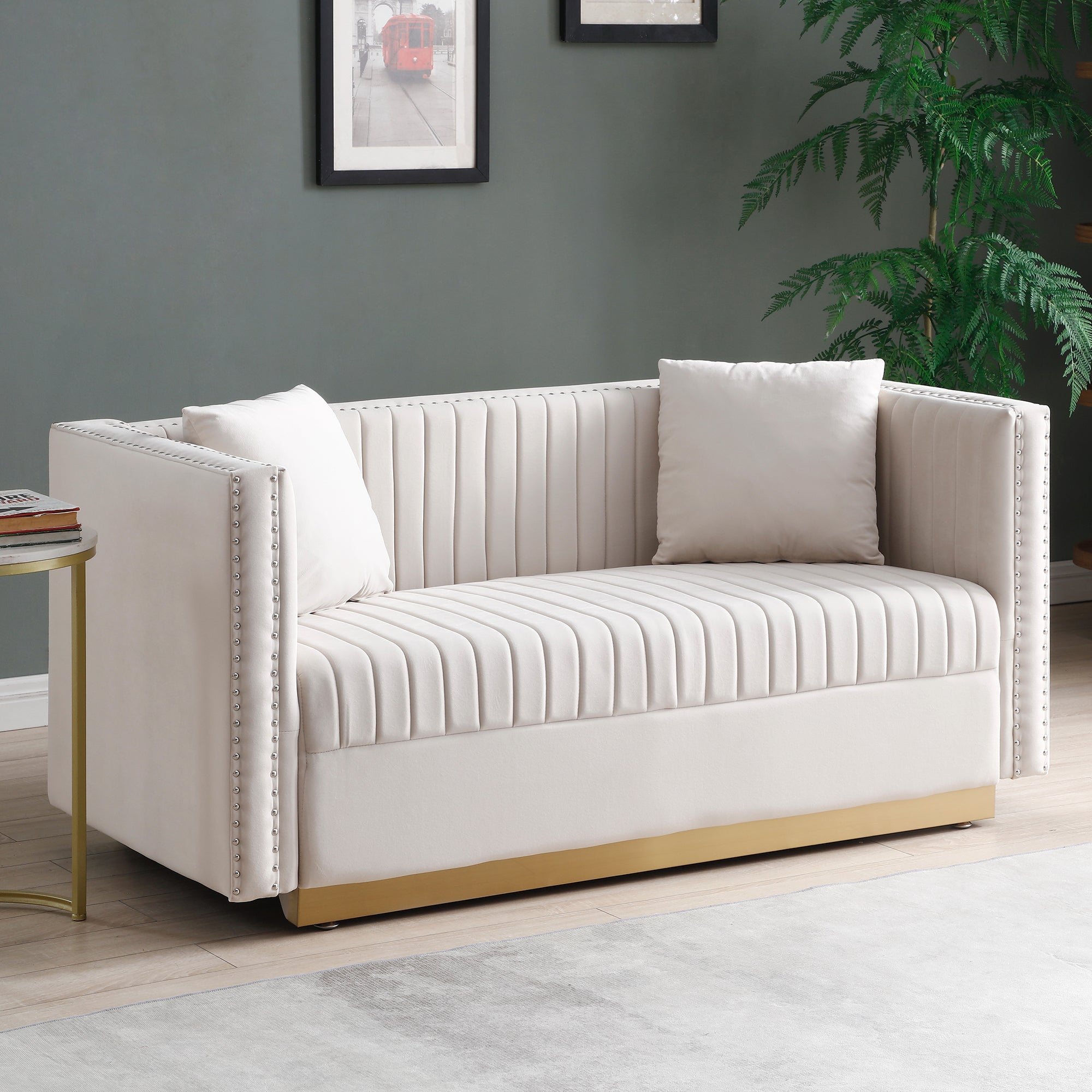 Loveseat Velvet Beige Channel Tufted Gold Stainless Base 2 Seat 61 In 600 LB