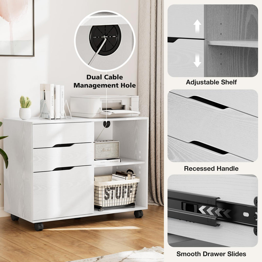 3 Drawer Filing Cabinet Wood Printer Stand with Storage Office Organize Cabinets with Wheels