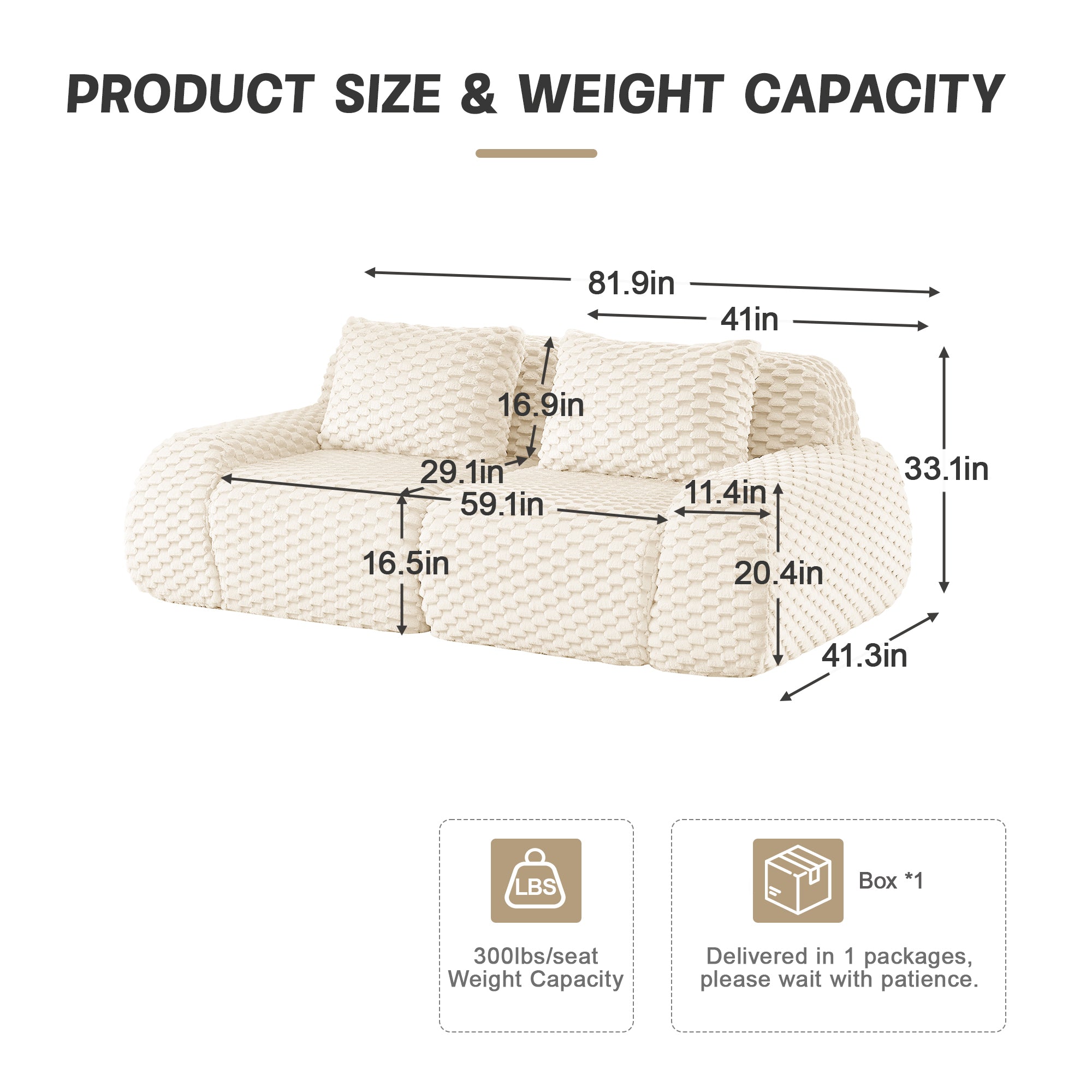Sectional Sofa Modern Modular Cream Flannelette Deep Seat 82 Inch