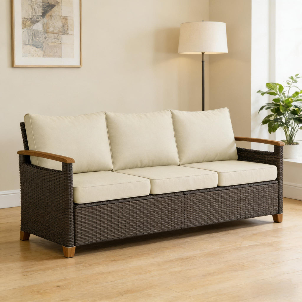 Outdoor Sofa Set Wicker Beige Brown 3 Seat Steel Frame 792 lb Capacity