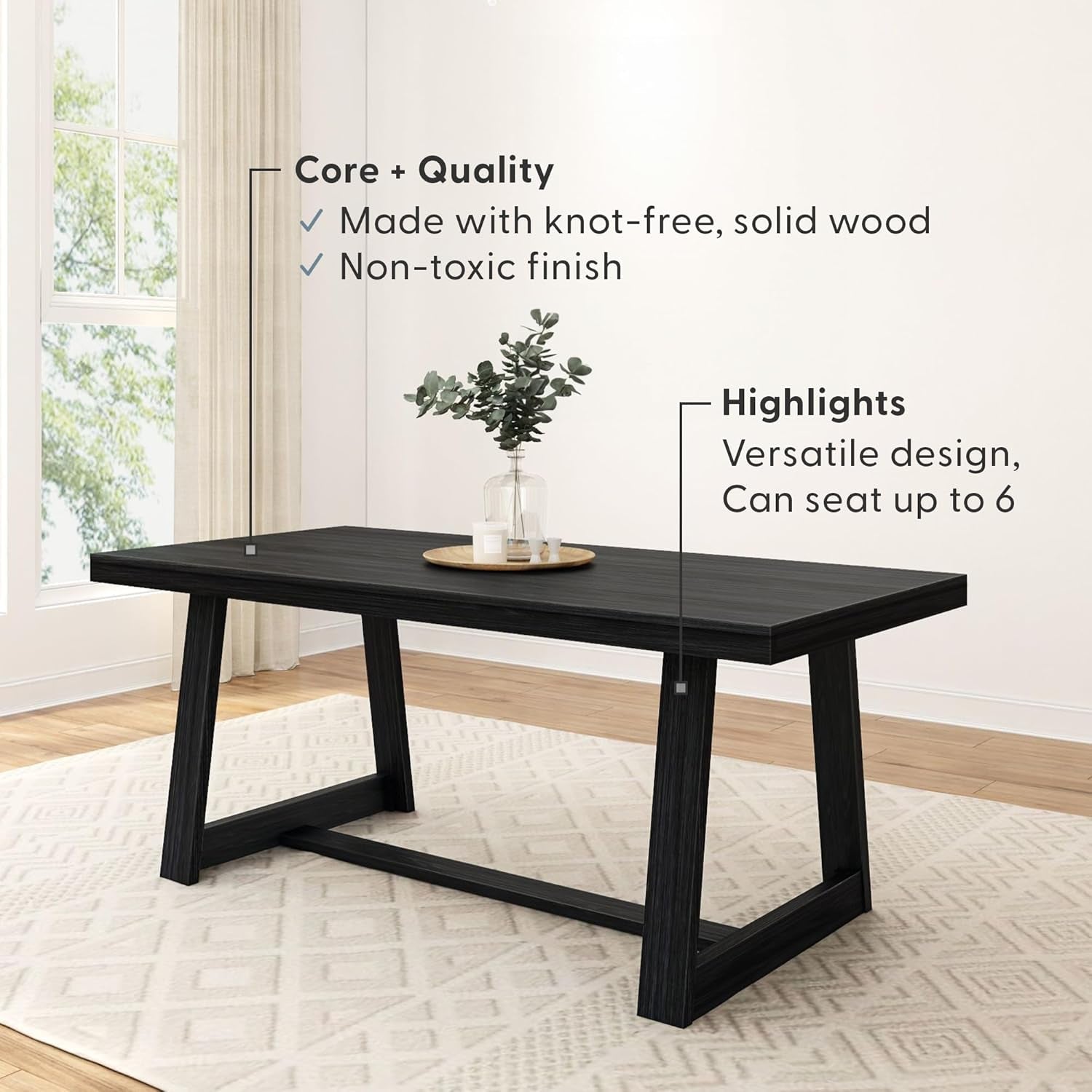 72 Inch Farmhouse Dining Table Solid Wood Black Wirebrush