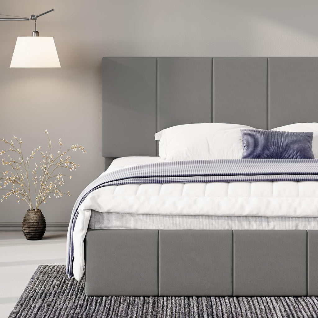 King Size Grey Velvet Upholstered Platform Bed Frame