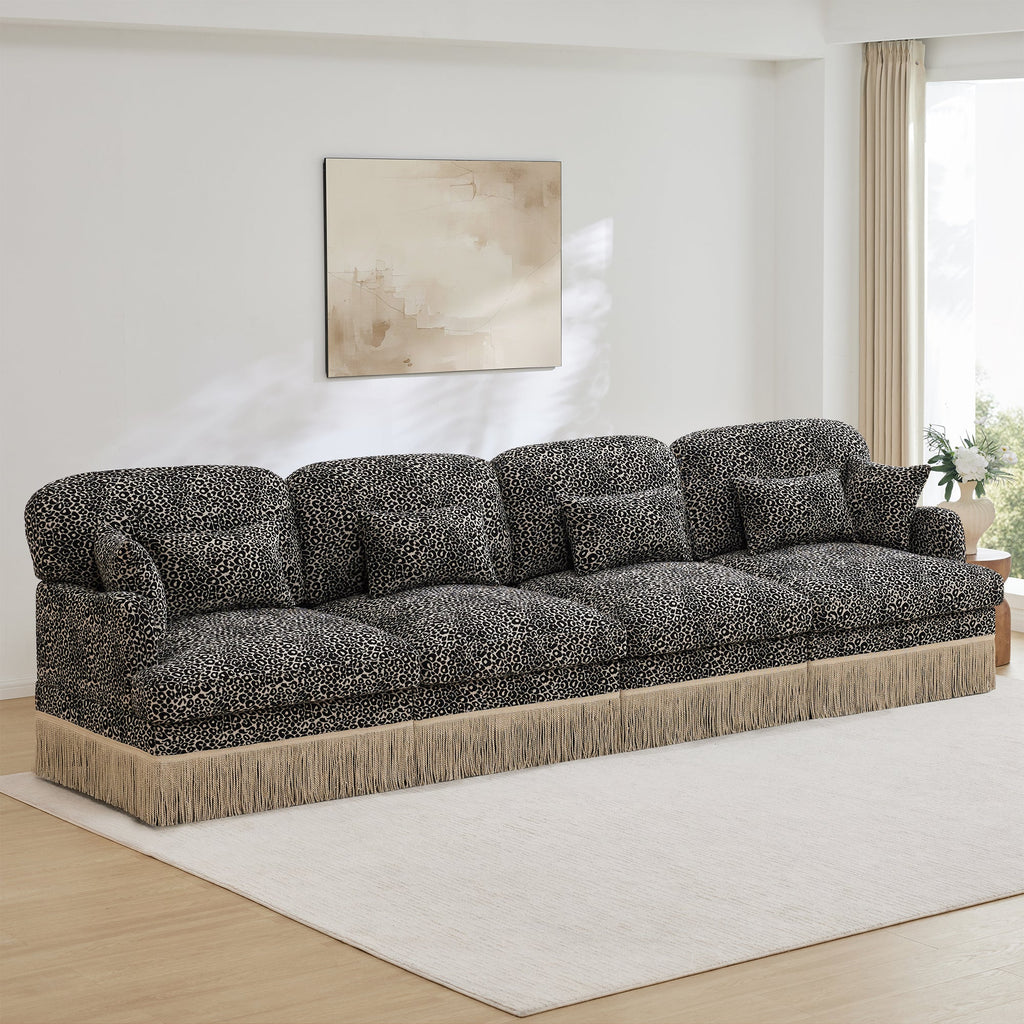 Sectional Sofa Modern Leopard Chenille Khaki Black 4-seater Deep Seat