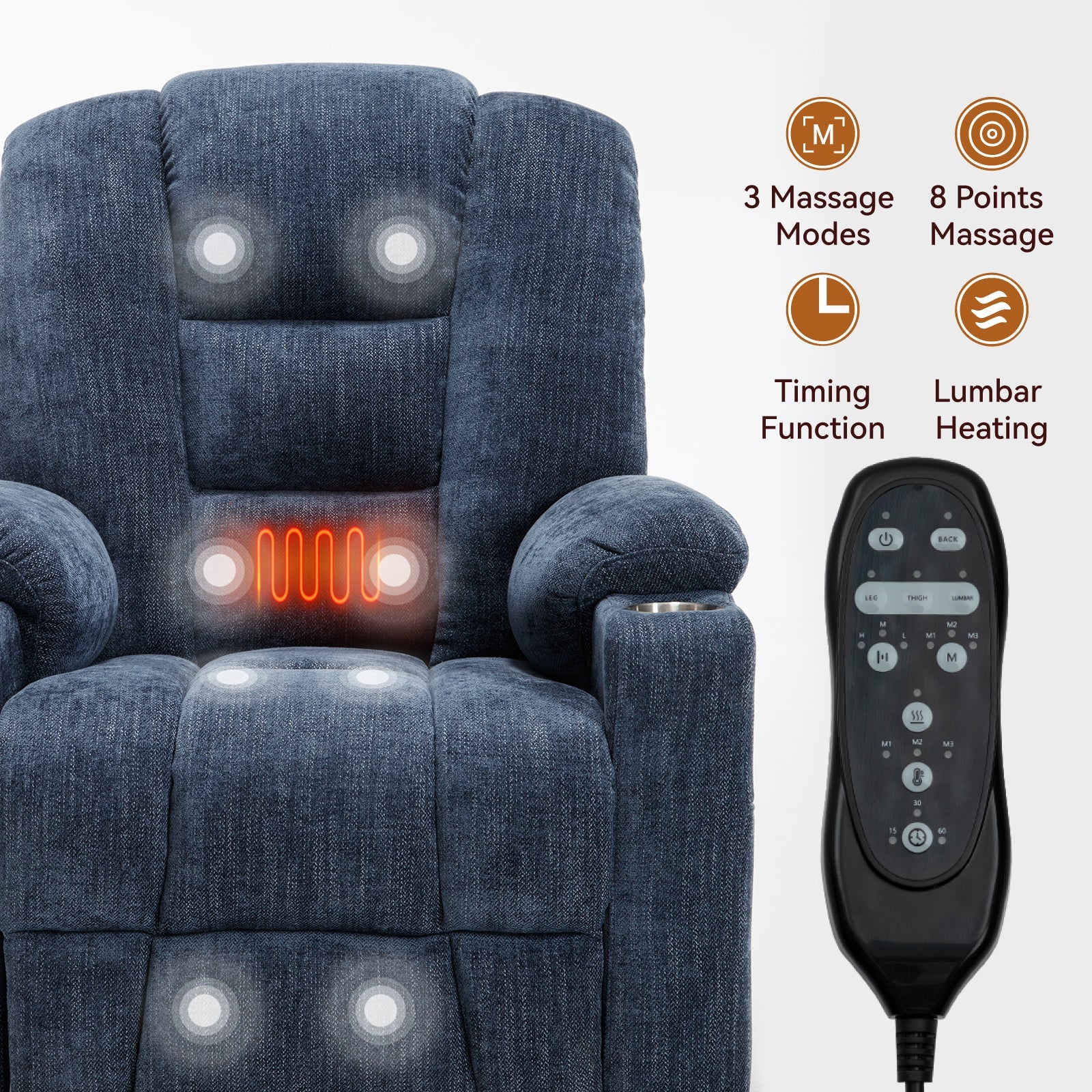 Power Lift Recliner Chair Heat Massage USB Cup Holders, Blue