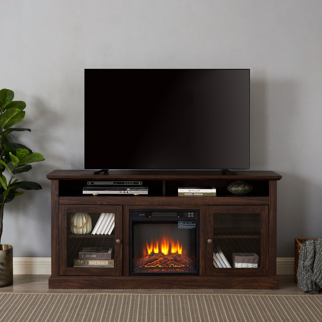 TV Stand Fireplace American Traditional Brown MDF 1400W Fits 65 In TV 60 In