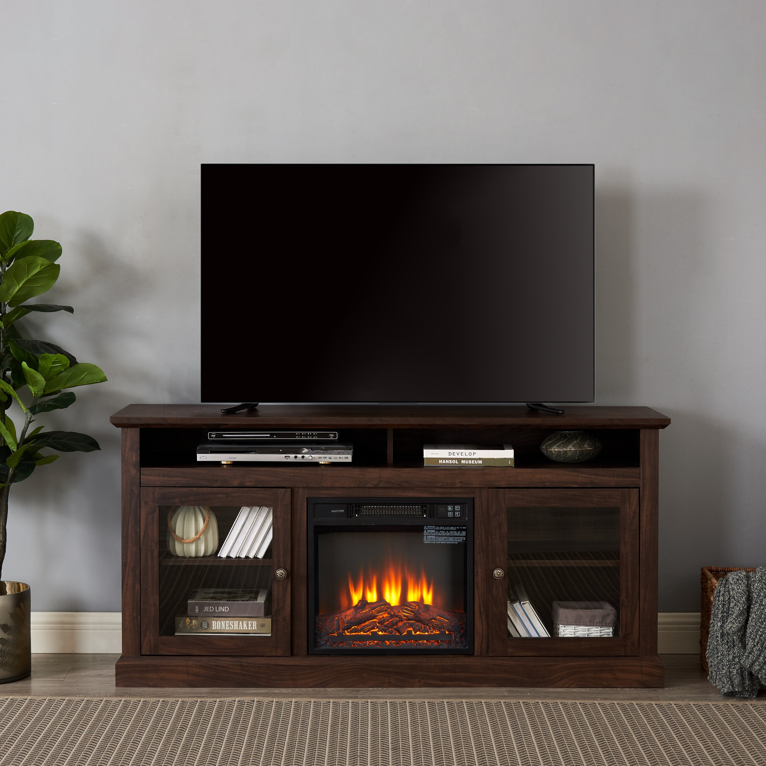 TV Stand Fireplace American Traditional Brown MDF 1400W Fits 65 In TV 60 In