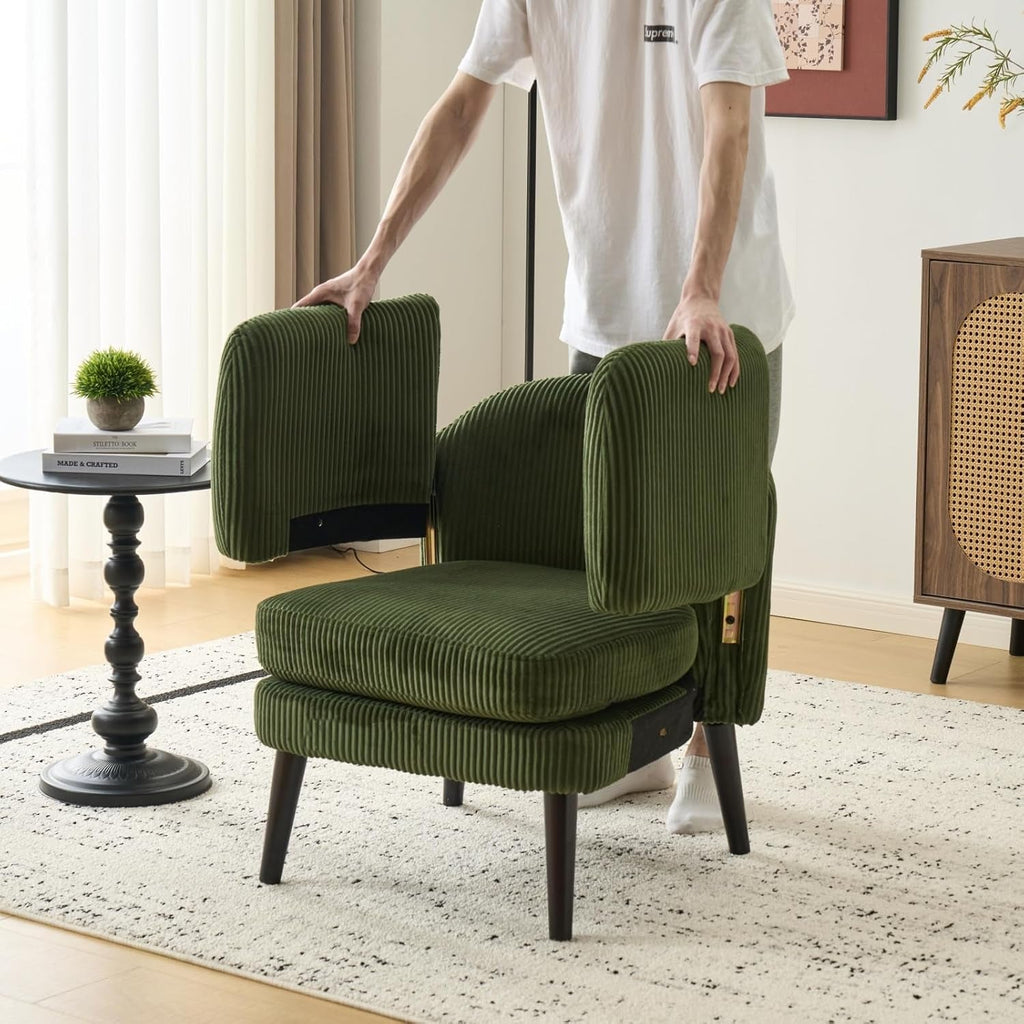 Corduroy Green Barrel Chair 30 Inch Wide With Wood Legs