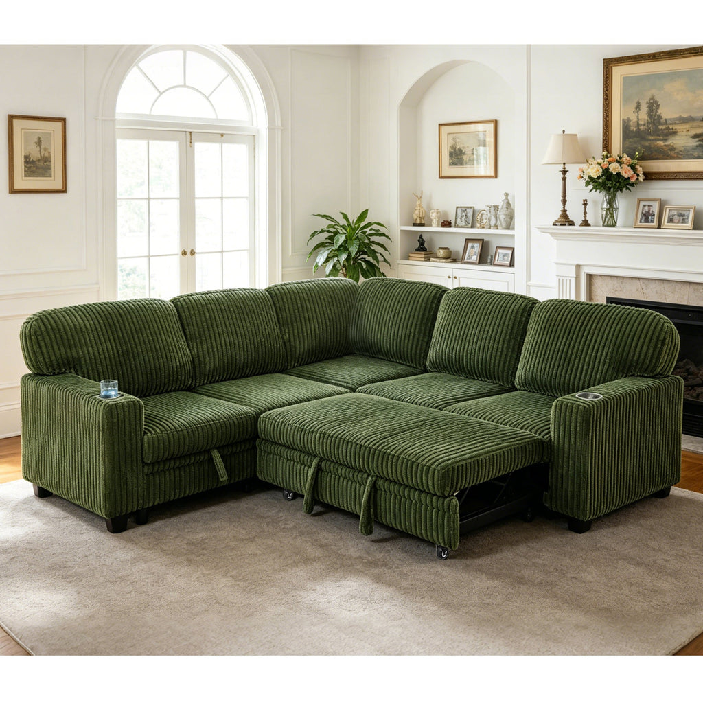 Sofa Bed L-Shape Corduroy Olive Green 5 Seat Pull-Out USB Ports 81 In