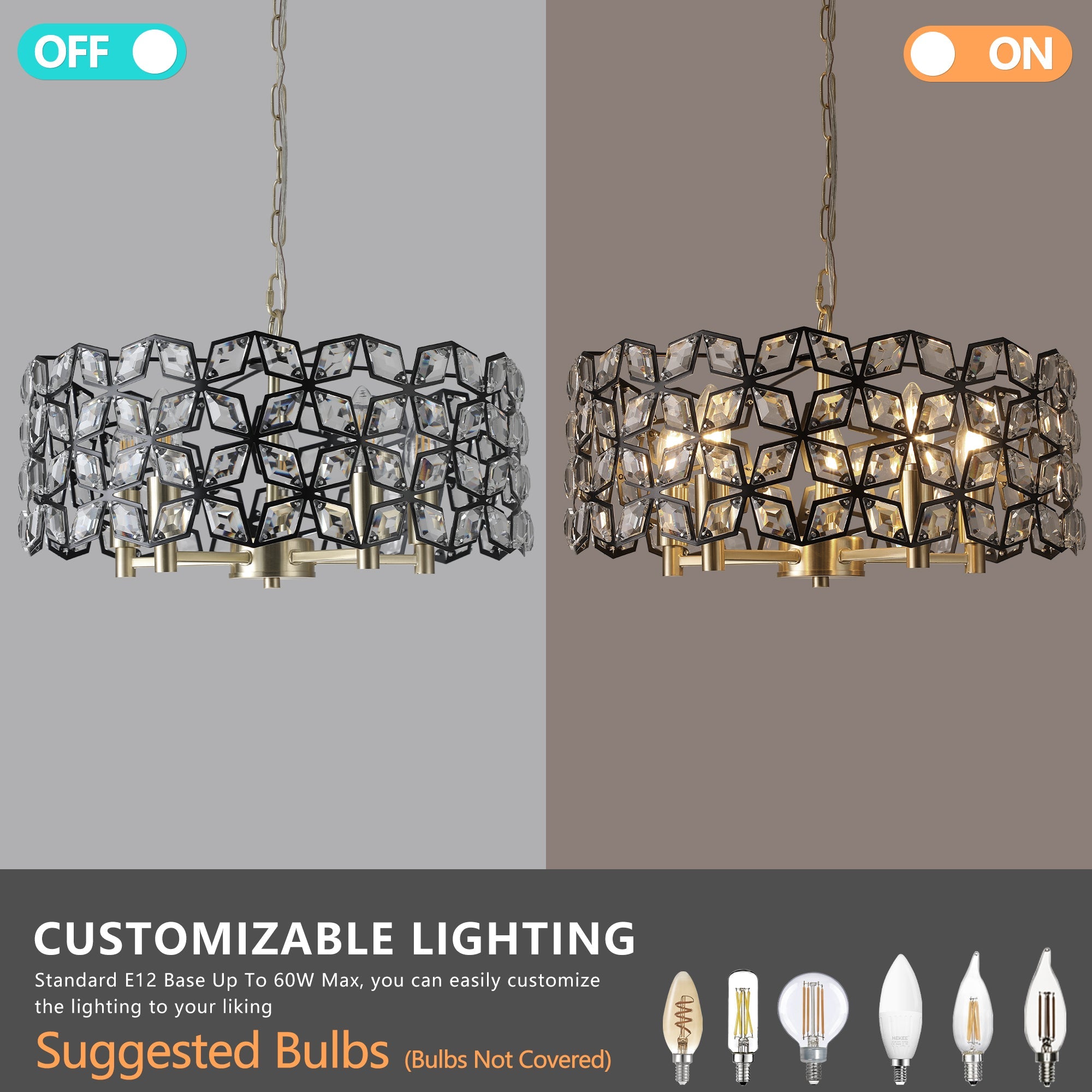 Chandelier Crystal Black Gold Round Pendant 5-Light Modern 19 In
