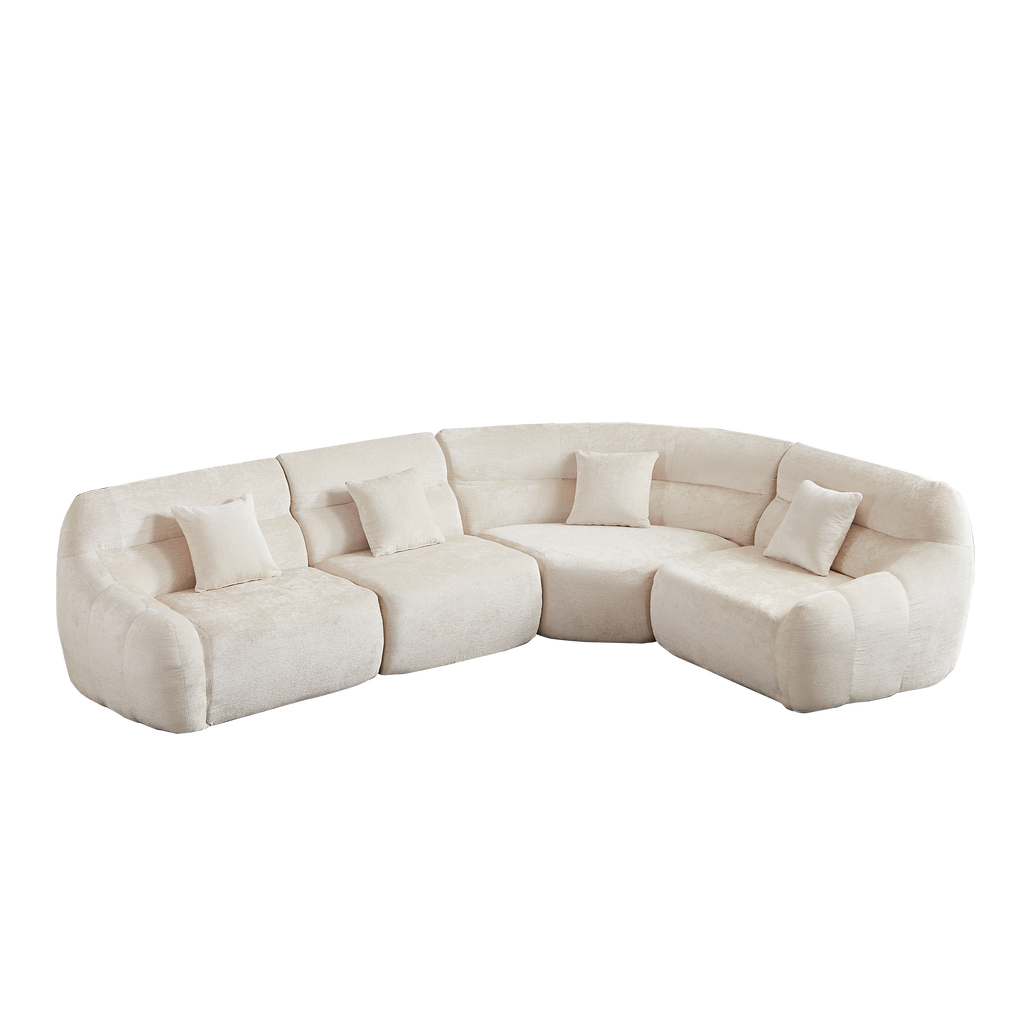 Sectional Sofa Curved Beige Chenille 123.2 Inch Four Pillows No Assembly