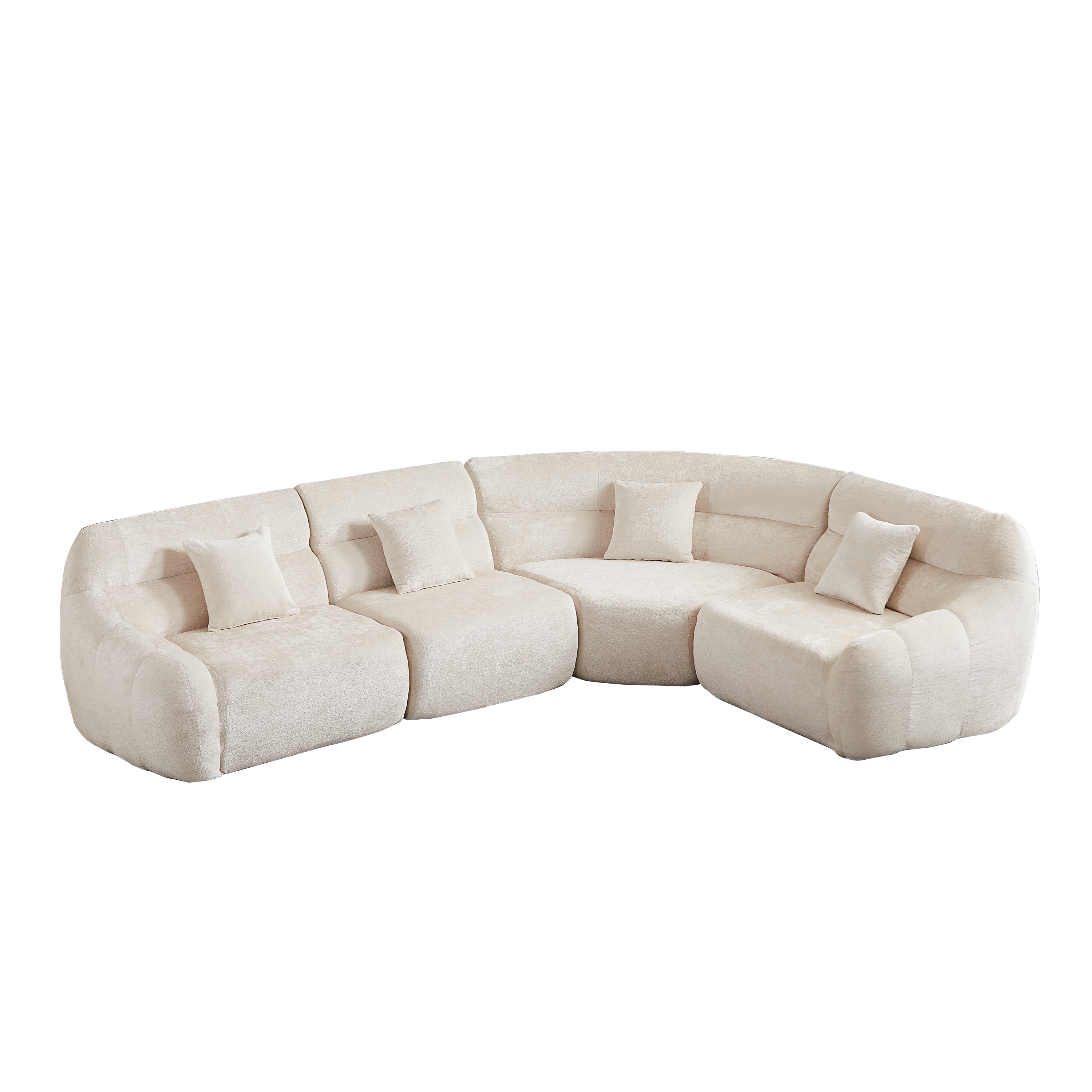 Sectional Sofa Curved Beige Chenille 123.2 Inch Four Pillows No Assembly