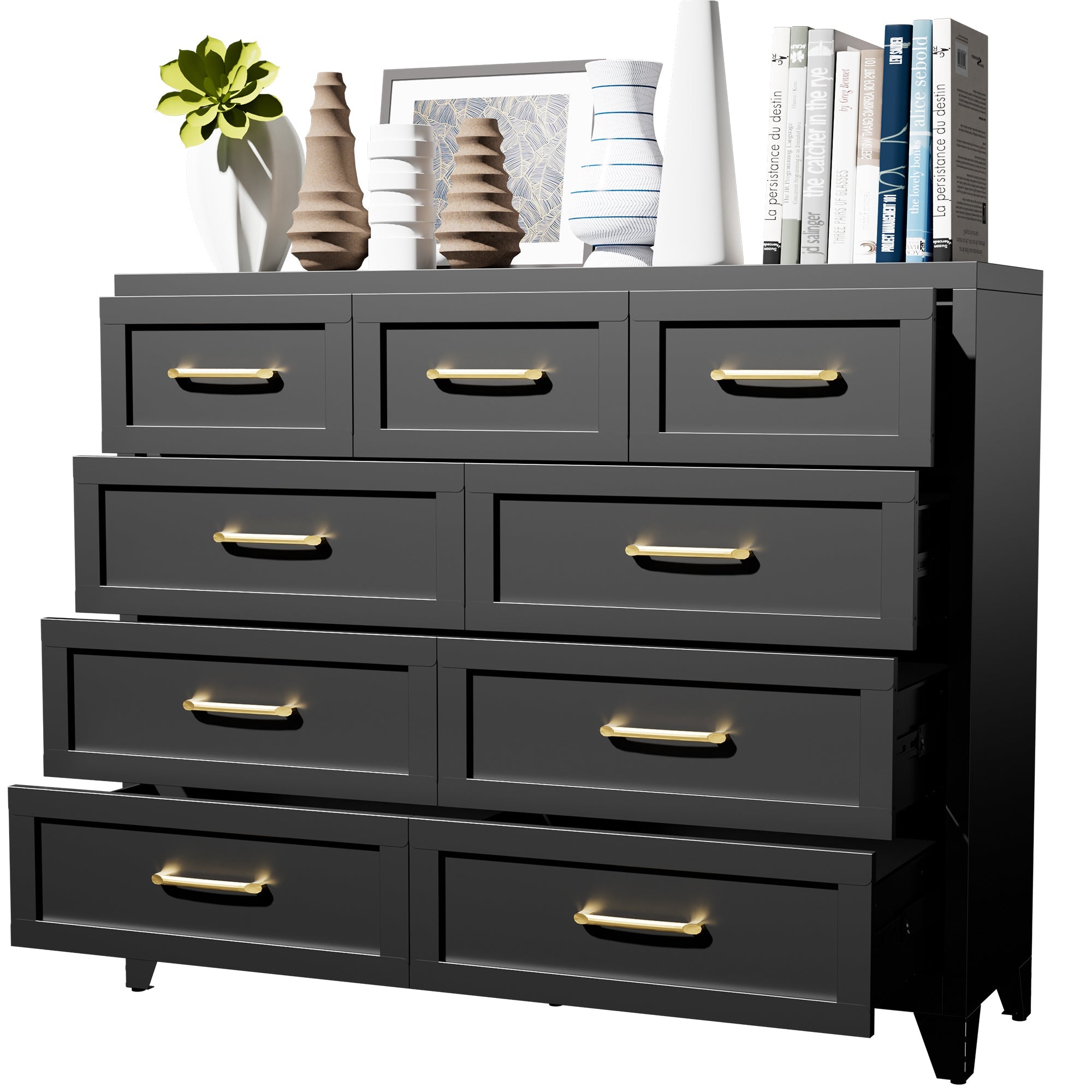 Dresser Tall 9-Drawer Black Steel Smooth-Glide 47.3x15.8x39 In