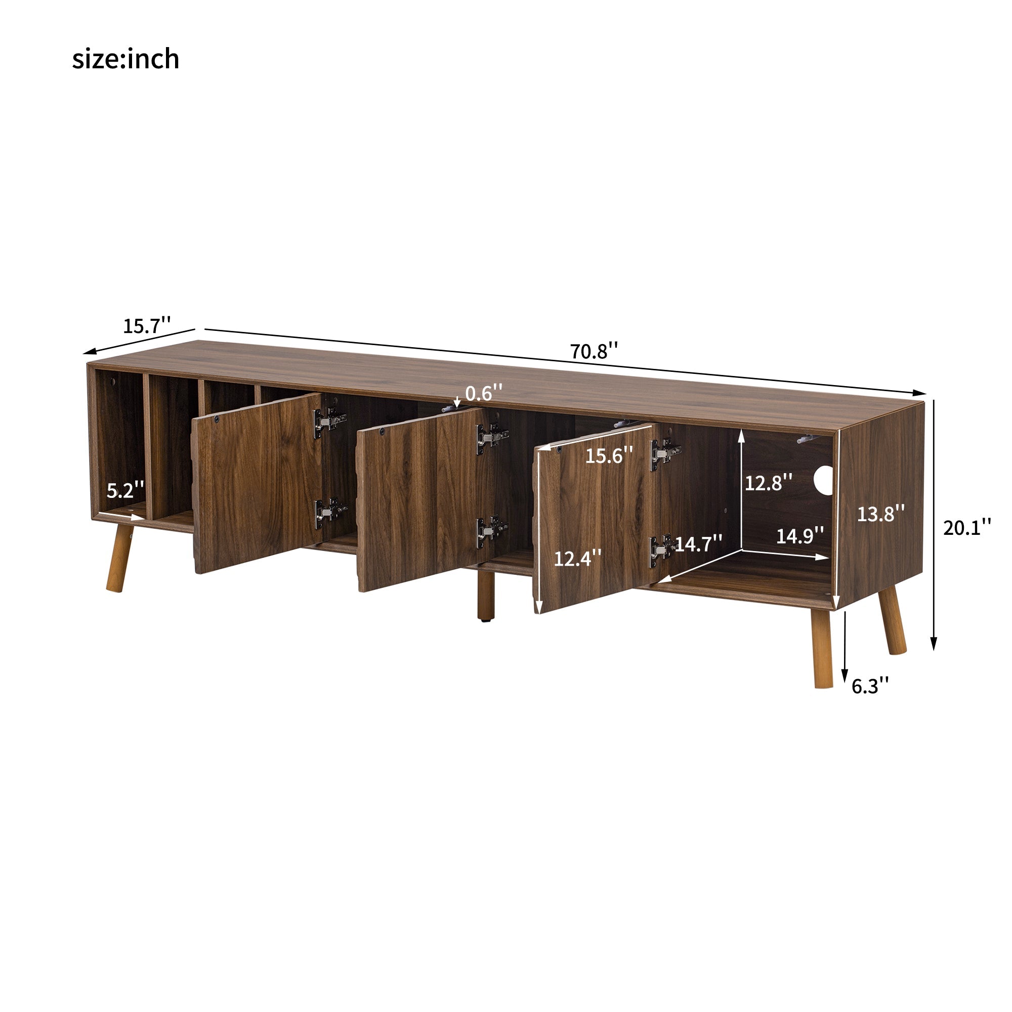 TV Stand Mid-Century Walnut Solid Wood MDF Push-Pop Doors Fits 80 In TV