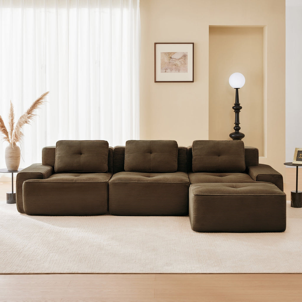 Sectional Sofa L-Shape Corduroy Brown 3 Seat Modular with Ottoman