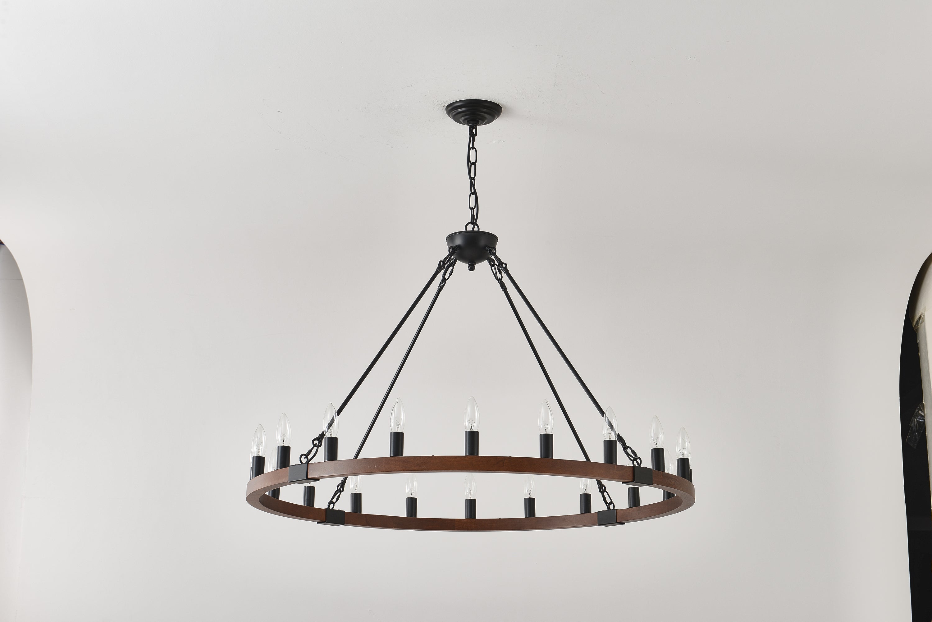 Chandelier Wood Wagon Wheel 20-Light Farmhouse Matte Black 39.3 In