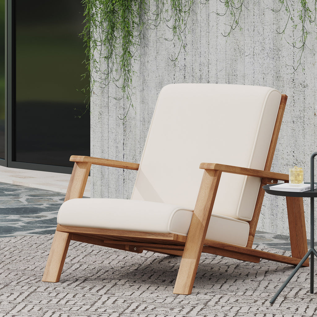 Outdoor Lounge Chair Adirondack Acacia Wood Beige Cushion 400 LB