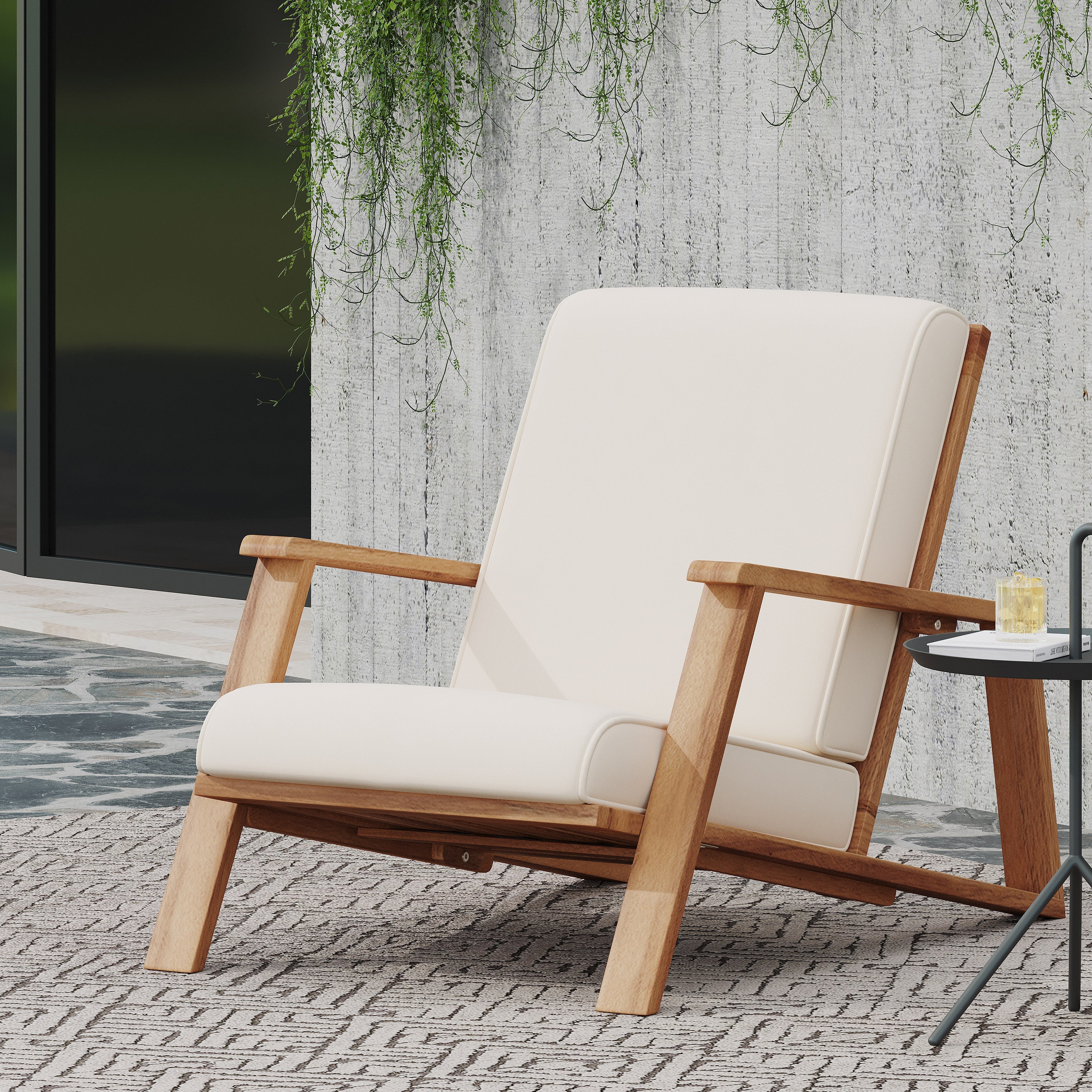 Outdoor Lounge Chair Adirondack Acacia Wood Beige Cushion 400 LB