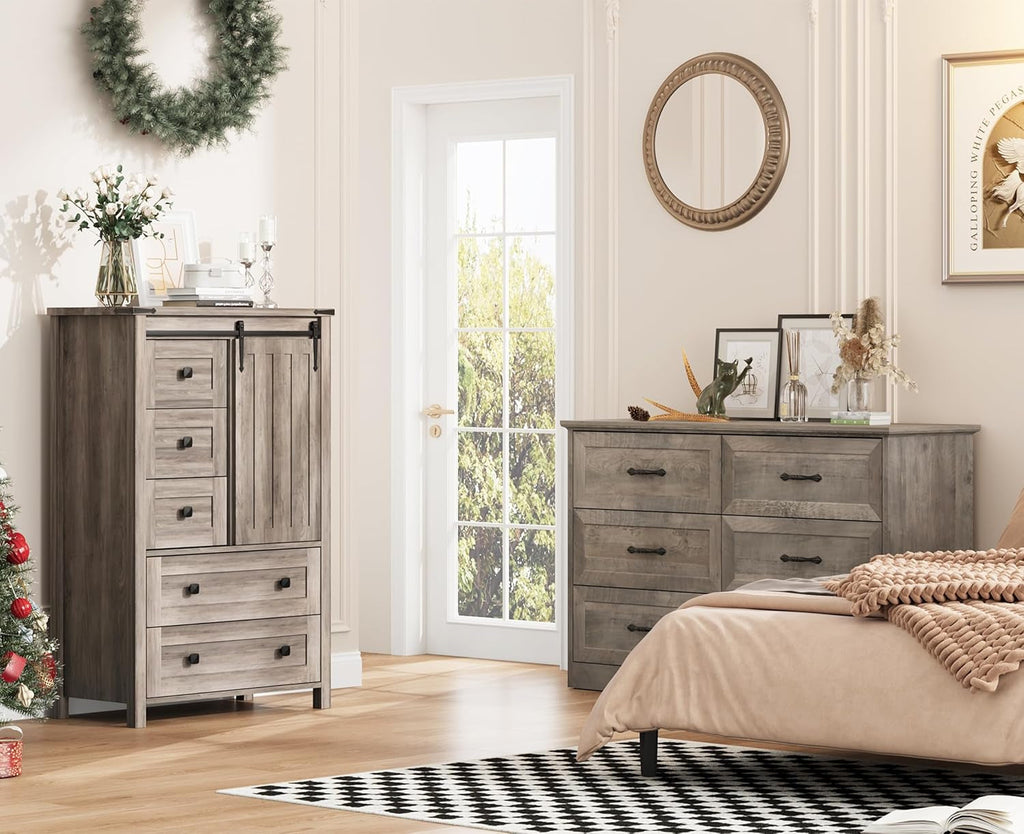 Grey Farmhouse Dresser 48 Inch Five Drawer Organizer With Barn Door