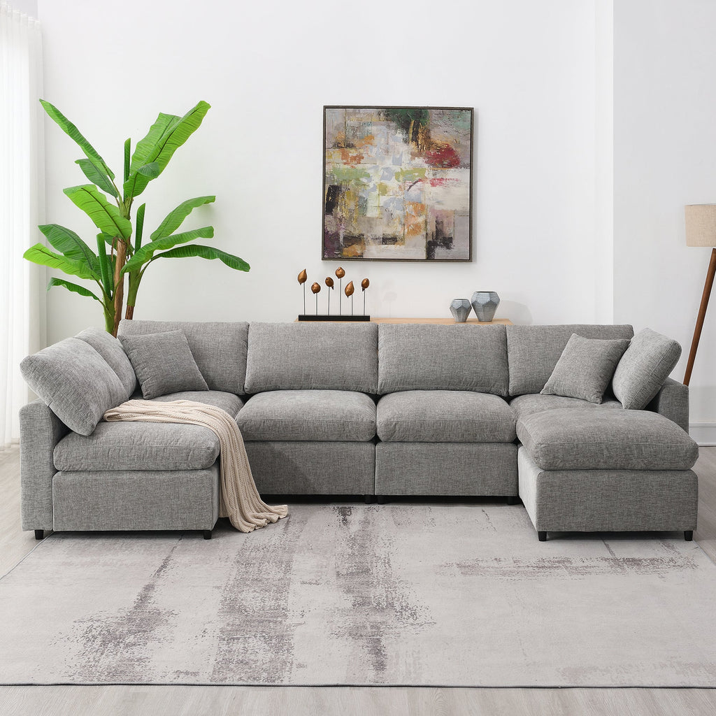 Sofa Modular U-Shape Chenille Gray 6 Seat Convertible Ottoman 130 In