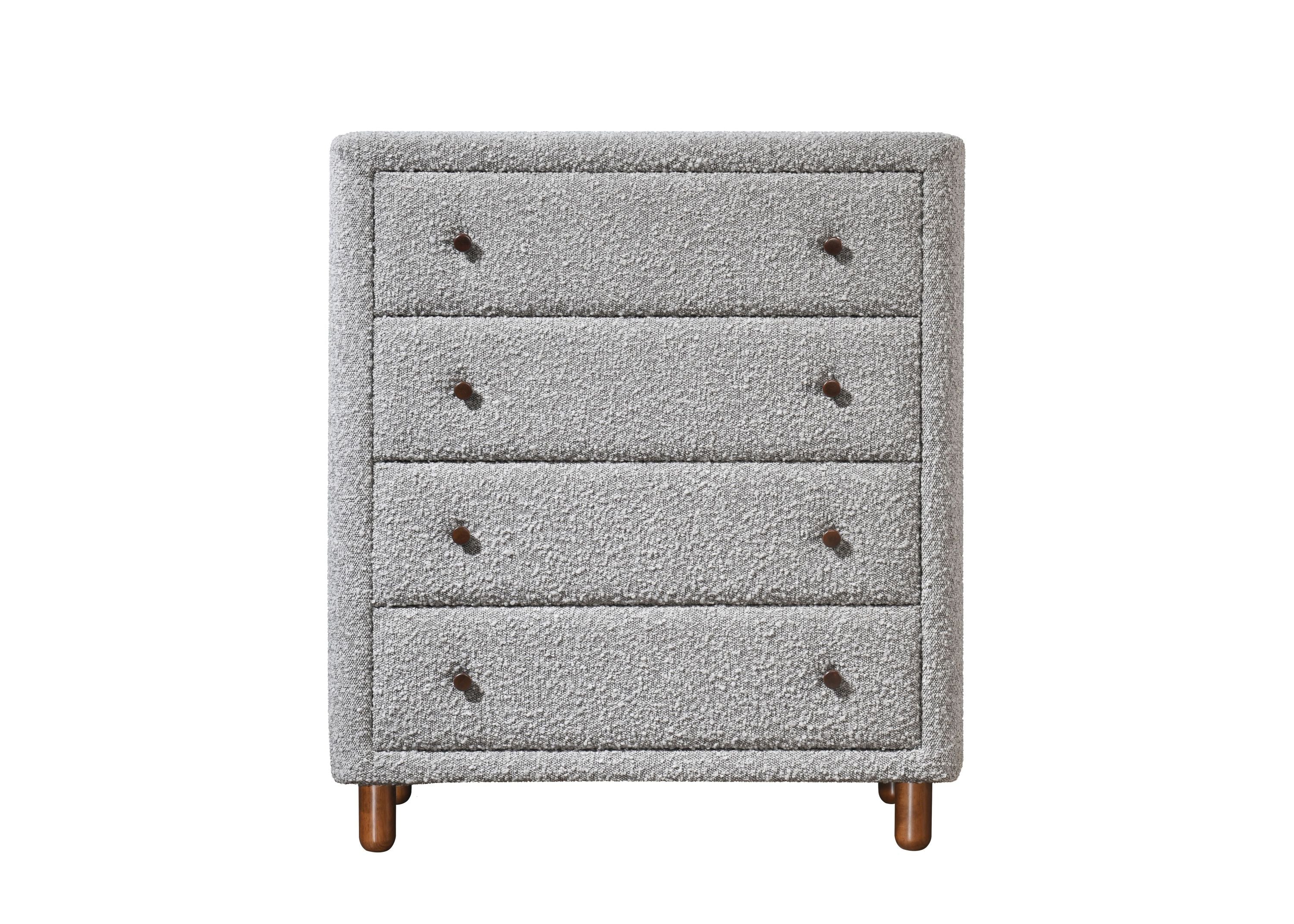 Chest of Drawers Gray Boucle Fabric 4-Drawer Rubber Wood MDF 33x38 In