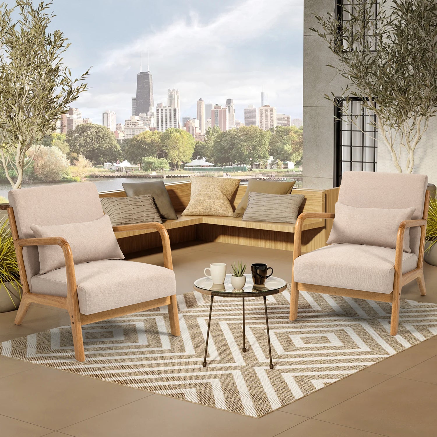 Accent Chair Mid Century Modern Beige Linen with Wood Armrest and Feet One Seat