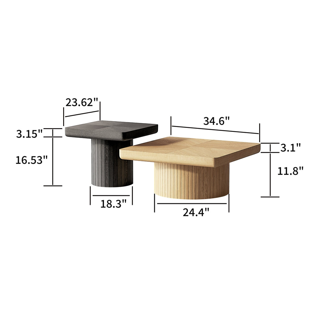 2-Piece Wood Nesting Coffee Tables, Fluted Pedestal, Living Room, Natural Black